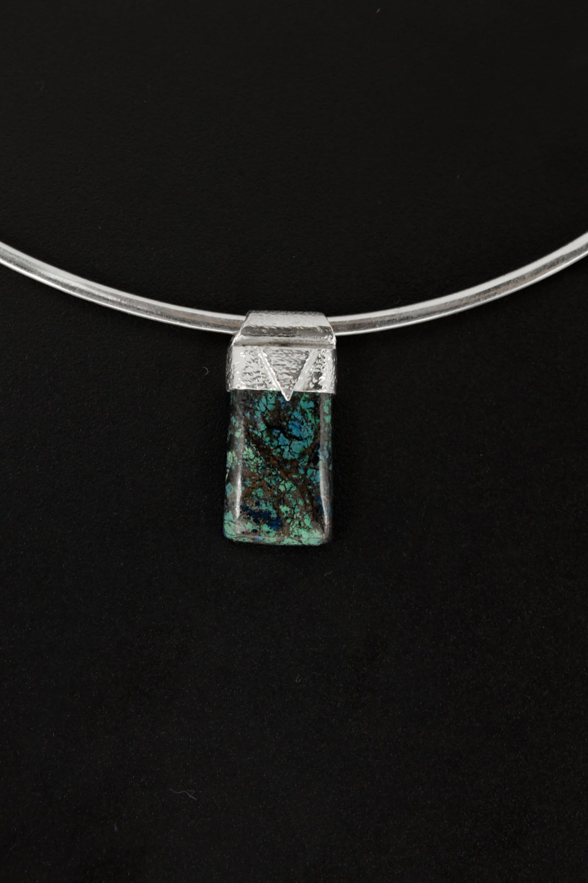 Australian Chrysocolla Cabochon Stack Pendant, Organic Textured 925 Sterling Silver, Throat Chakra, Gemini Zodiac, Communication Strength