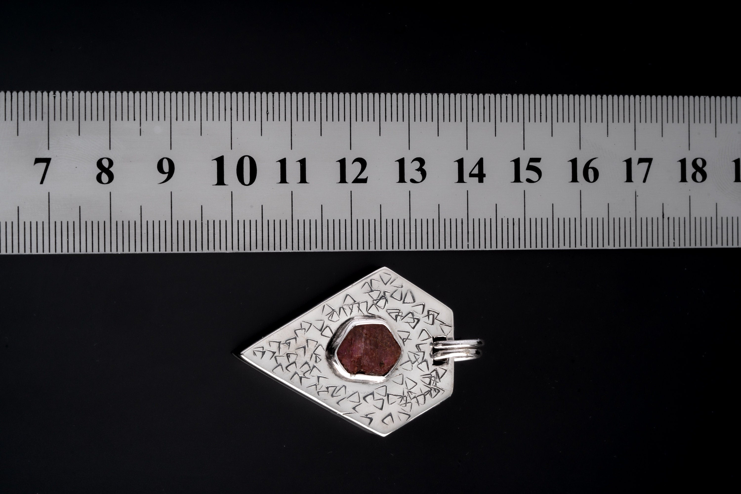 Pentagon-Shaped Record Keeper Ruby Muse Pendant, Sterling Silver, Textured & Shiny Finish, Root Chakra, Leo Zodiac, Unique Gift