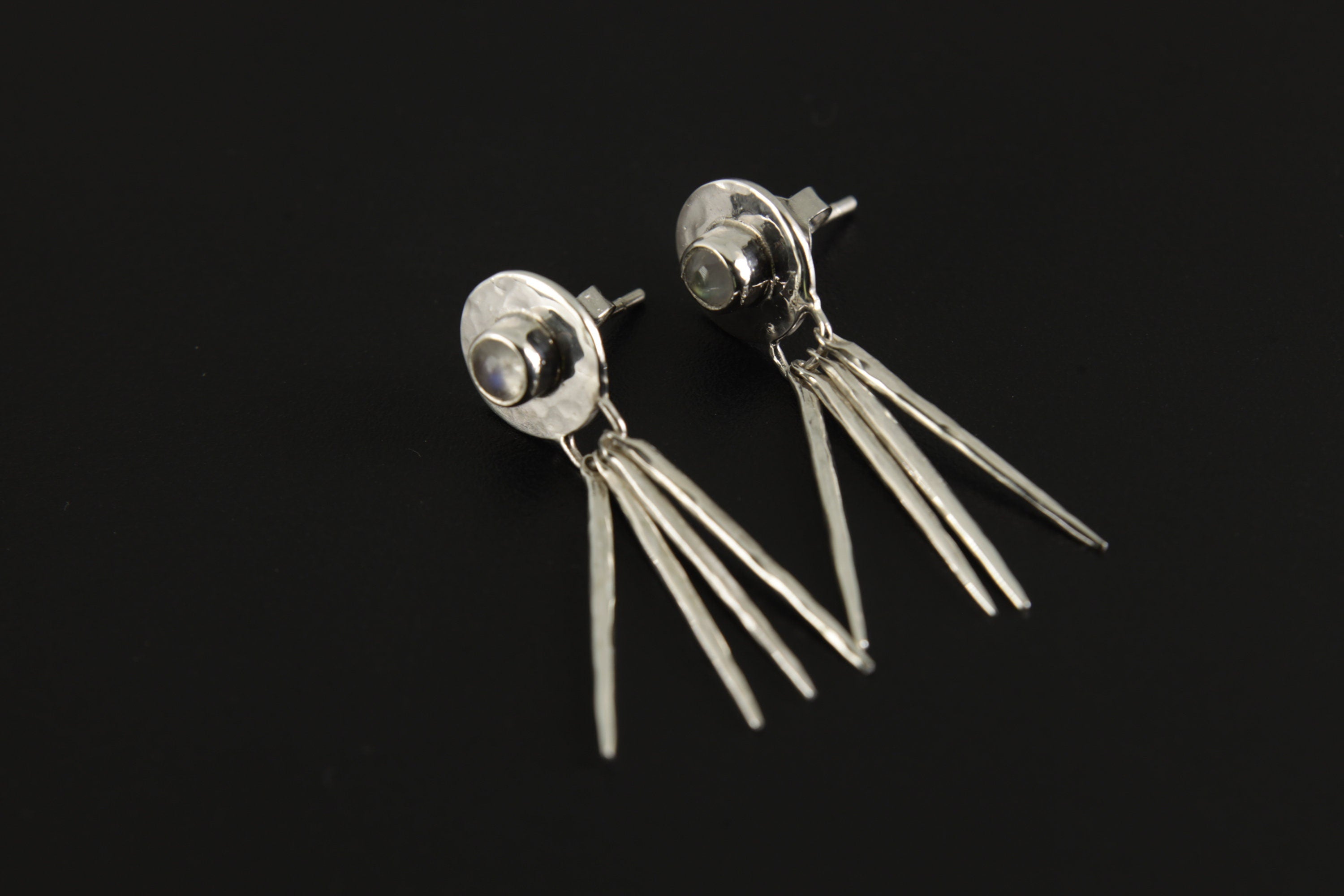Petite Blue Moonstone Round Studs in 925 Sterling Silver, Shiny & Hammer Textured with Dangling Moon Ray Spikes Earrings Matching Necklace