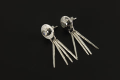 Petite Blue Moonstone Round Studs in 925 Sterling Silver, Shiny & Hammer Textured with Dangling Moon Ray Spikes Earrings Matching Necklace