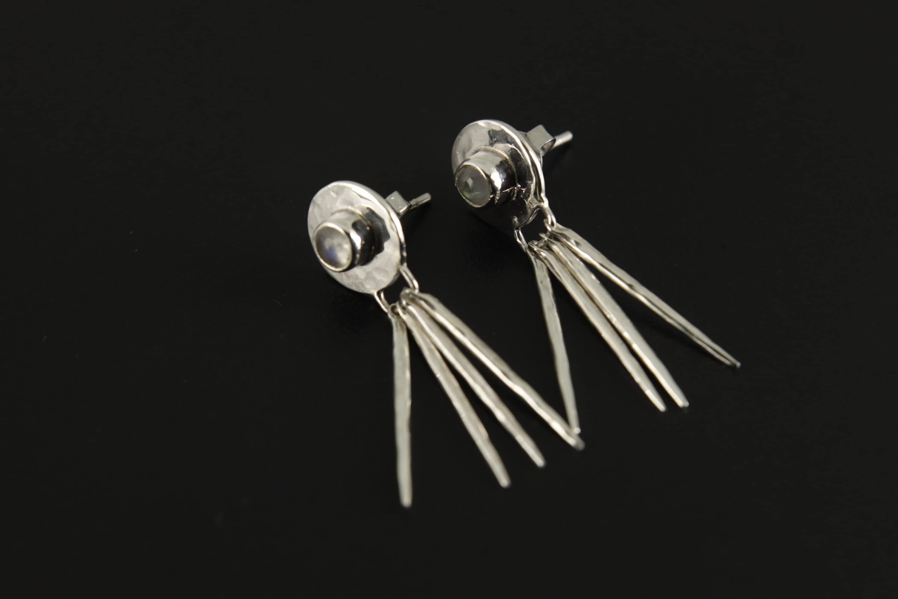 Blue Moonstone Sterling Silver Drop Earrings: Hammered Ray Design