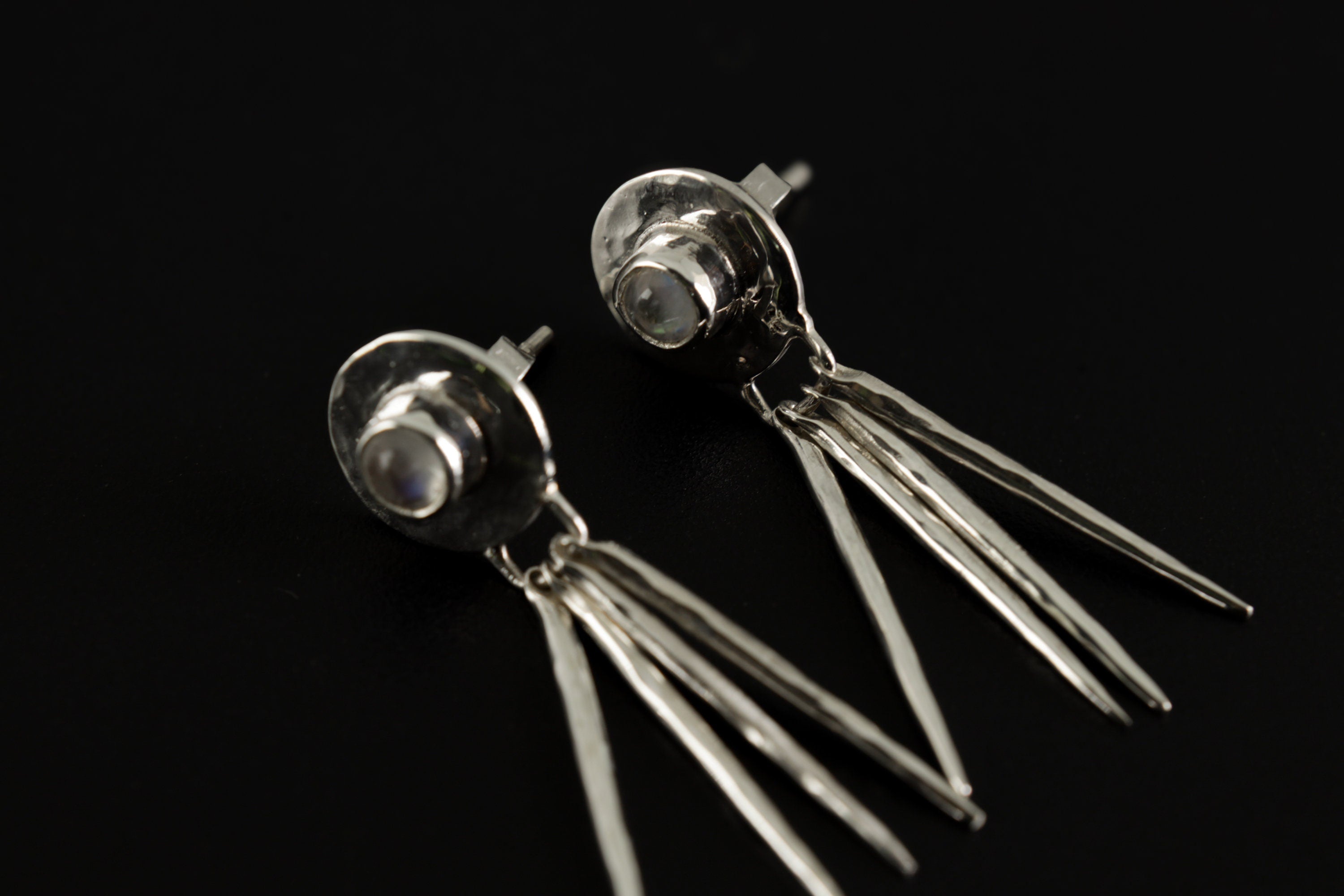 Blue Moonstone Sterling Silver Drop Earrings: Hammered Ray Design