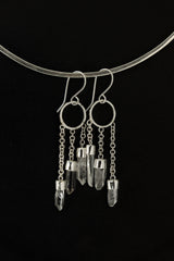 Hammered Hoop Earrings in 925 Sterling Silver, Featuring 3 Chain-Linked Celestial Lemurian Quartz Points, Stylish Hook Earrings