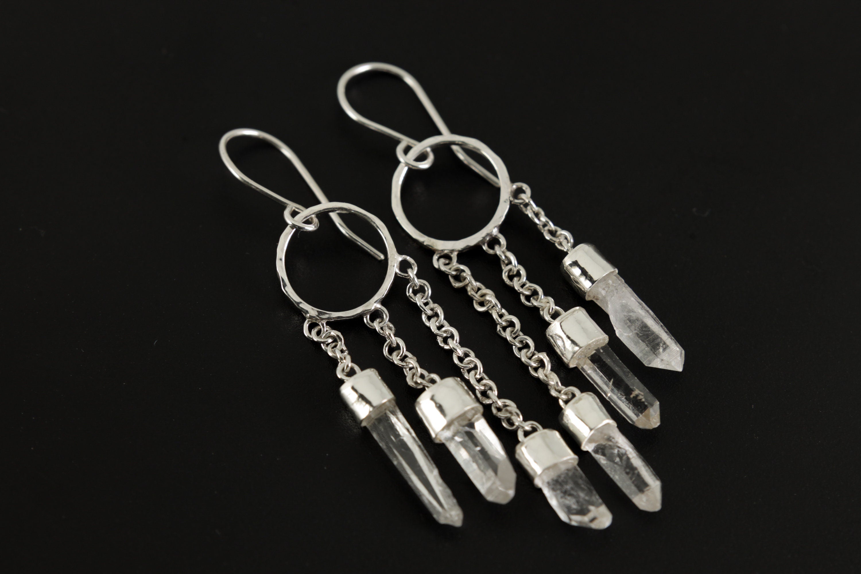 Hammered Hoop Earrings in 925 Sterling Silver, Featuring 3 Chain-Linked Celestial Lemurian Quartz Points, Stylish Hook Earrings