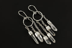 Hammered Hoop Earrings in 925 Sterling Silver, Featuring 3 Chain-Linked Celestial Lemurian Quartz Points, Stylish Hook Earrings