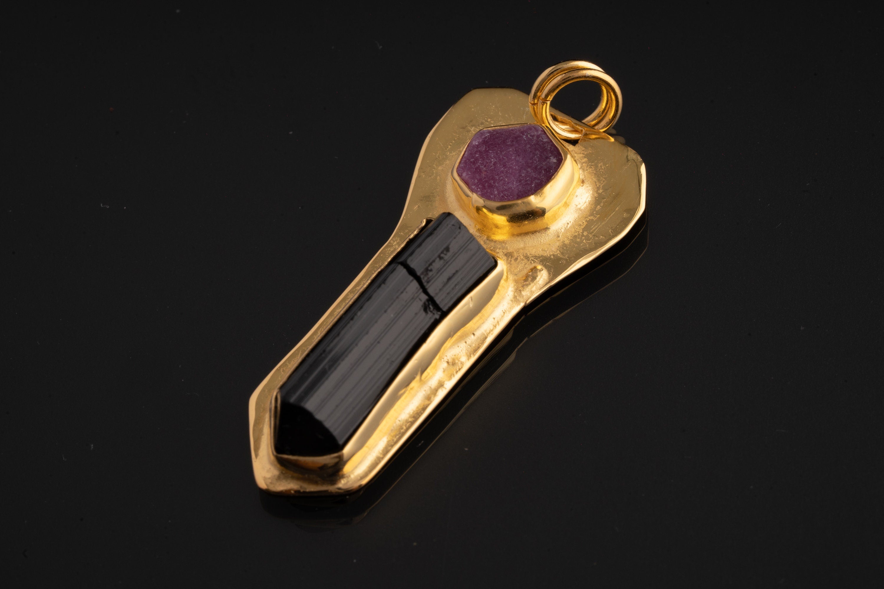 Brass Pendant adorned with Ruby & Black Tourmaline - Gold Plated - Double Bail Design
