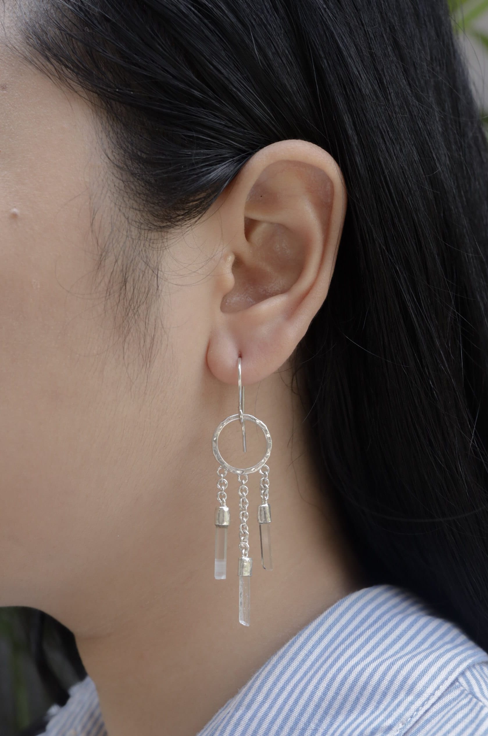 Hammered Sterling Silver Quartz Point Earrings: Celestial Chain Drops