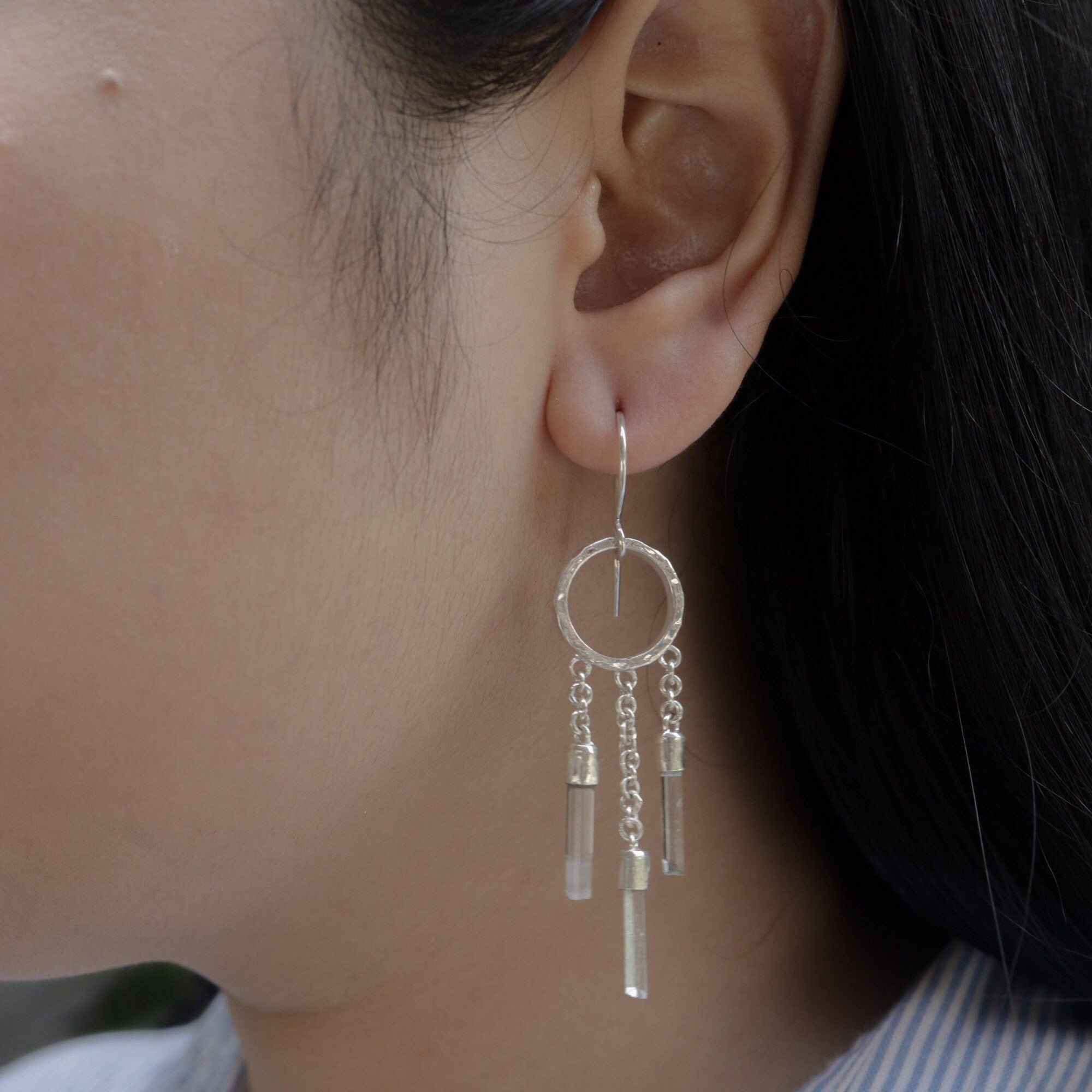 Quartz Point Earrings 925 Sterling Silver Hammered Circle Chain Dangle Crown Chakra Crystal Jewelry Gift
