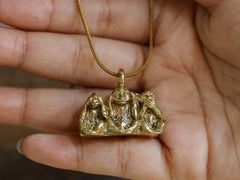 TriSage Simians Cast Pendant Necklace, Three Monkey Talisman in Gold Plated Brass cast, Embodying See Hear Do No Evil, Spiritual Charm Cast