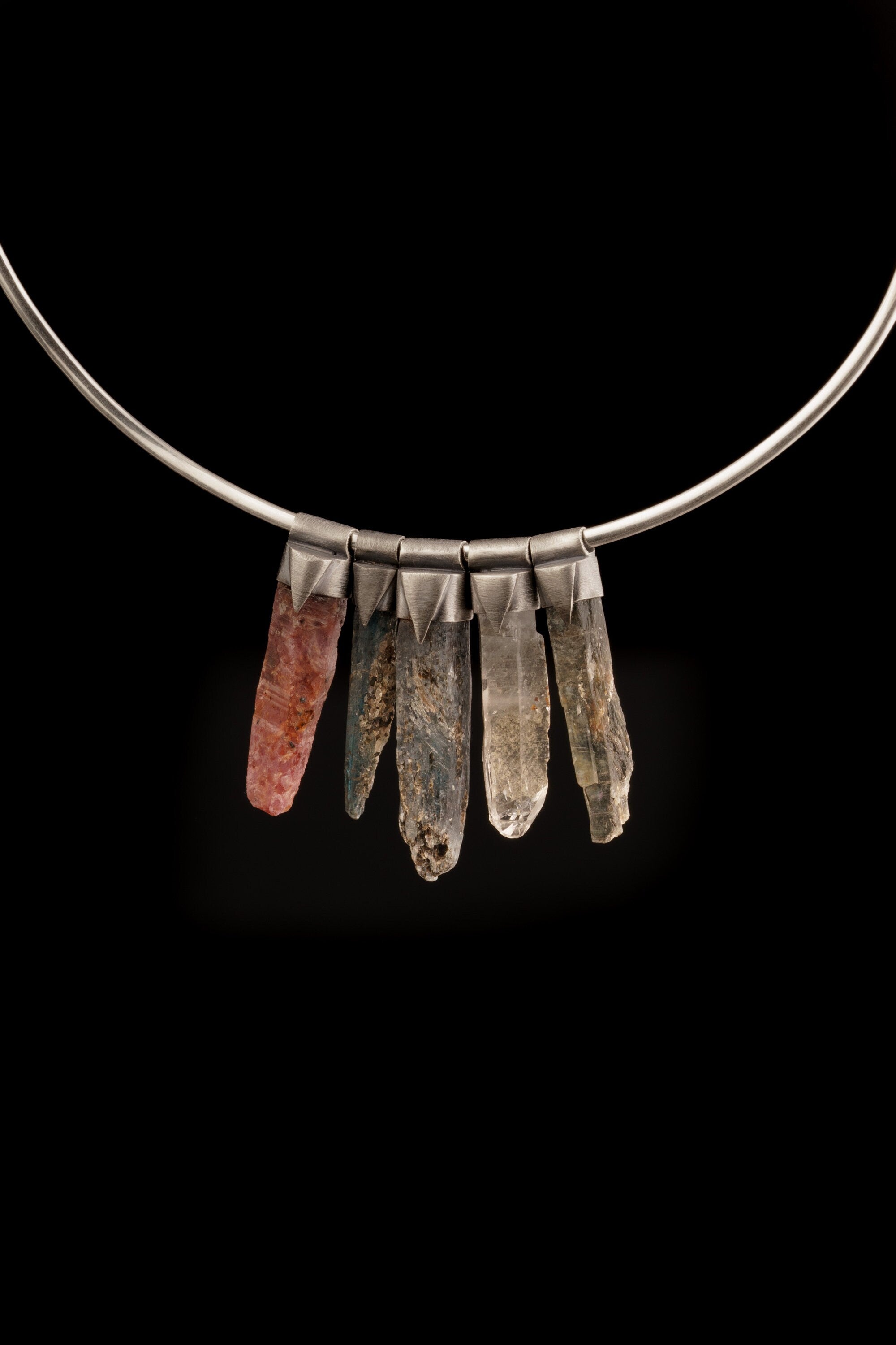 Australian Ocean Kyanite - Stack Pendant - with Black Mica Organic Textured 925 Sterling Silver - Crystal Necklace
