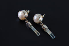 Pair of South Sea Pearls & Raw Natural Aquamarine Studs - Polished Sterling Silver - Dangle Stud Earring