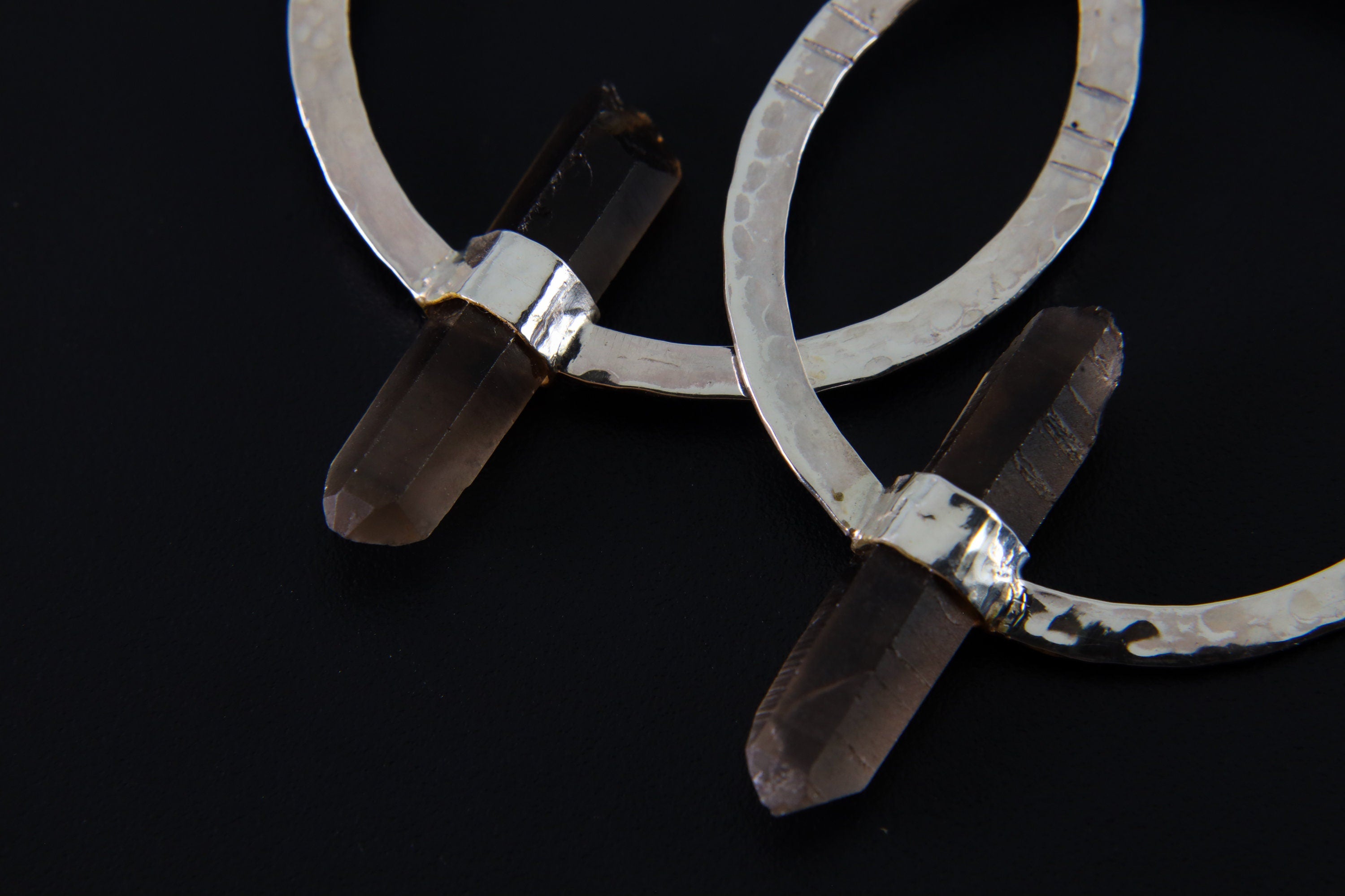 Australian Smoky Quartz Hoop Earrings 925 Sterling Silver Large Hammered Hoop Raw Crystal Dangle Earrings Gift