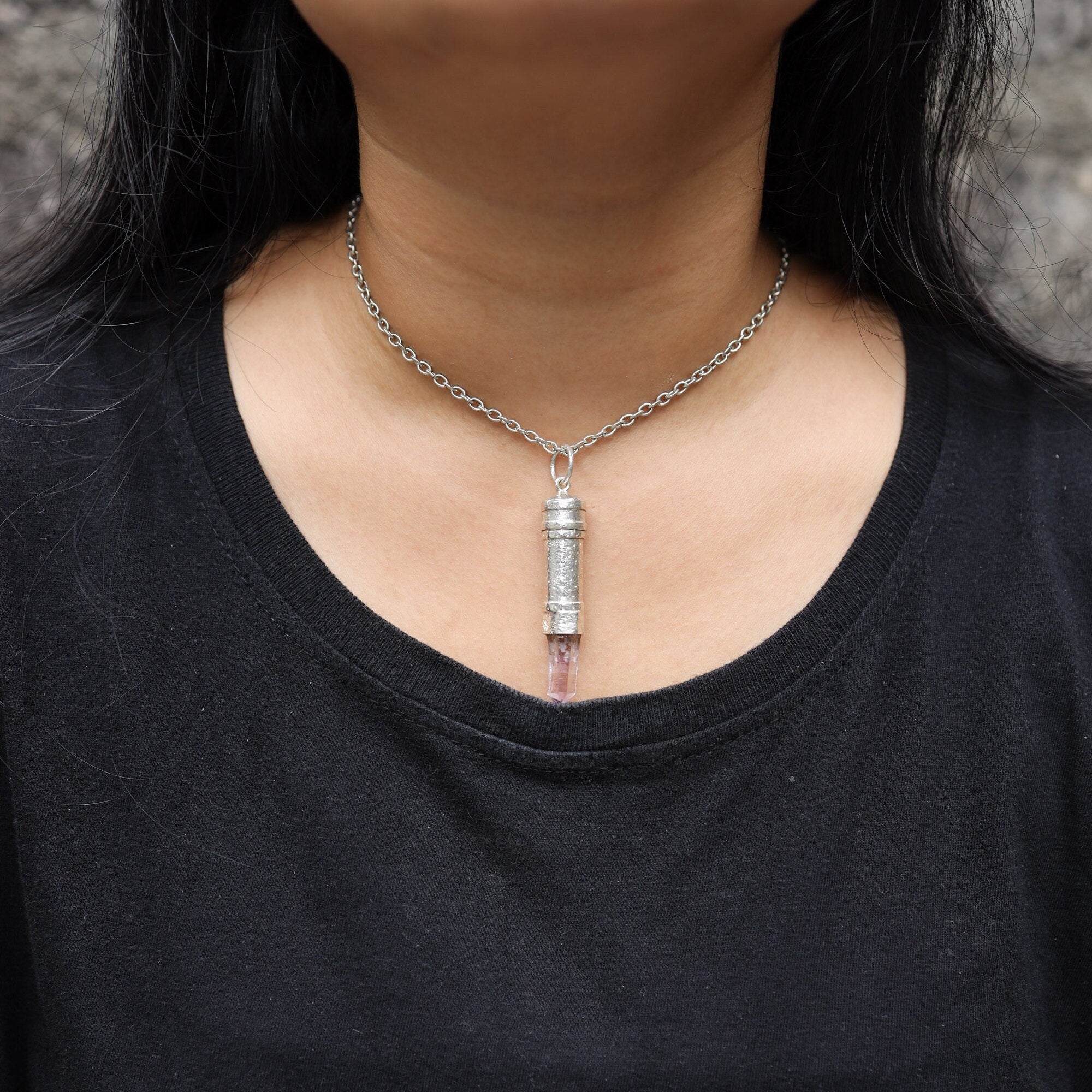 Vera Cruz Amethyst Sterling Silver Locket Necklace Capsule Pendant Sand Texture Keepsake Talisman Gift