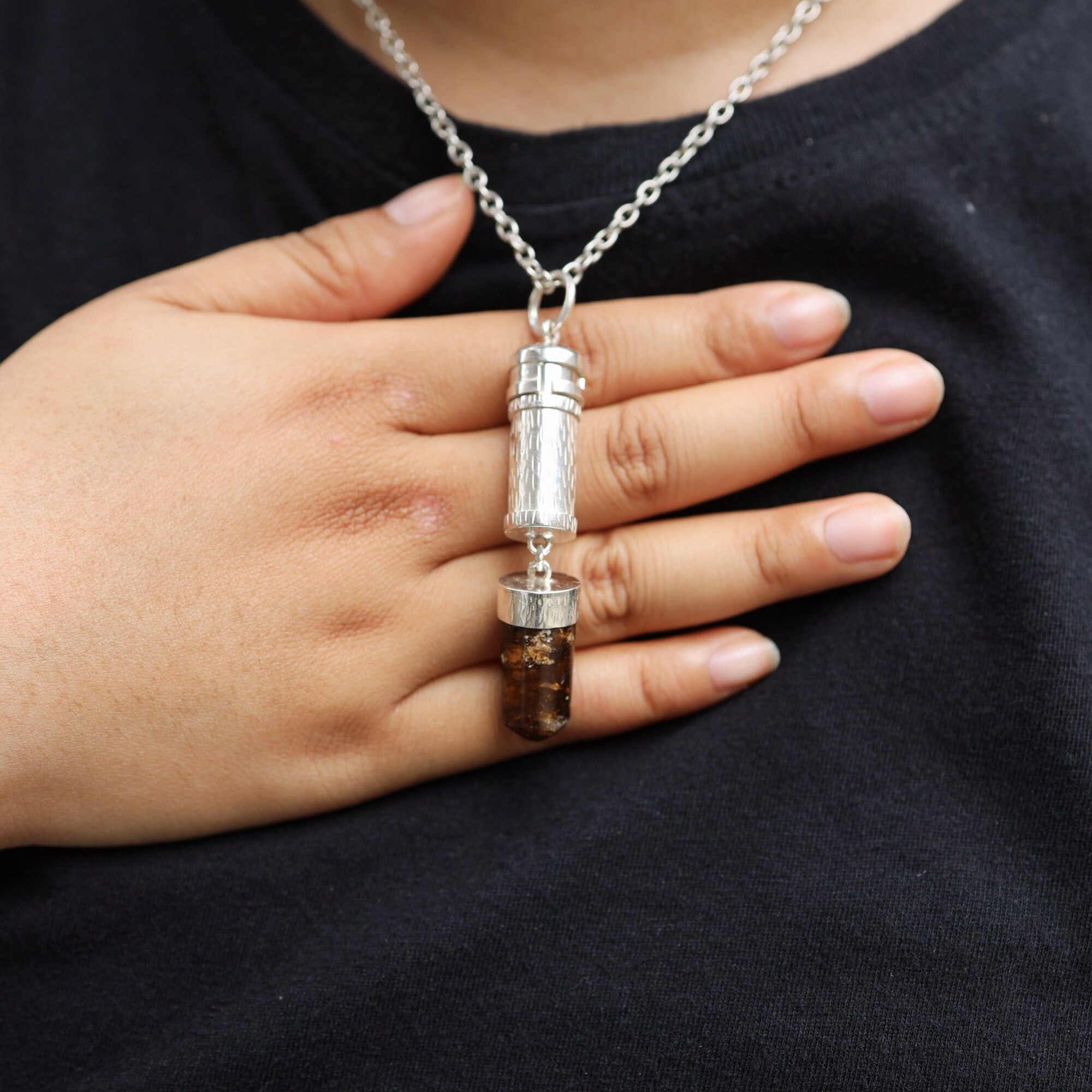 Brown Dravite Tourmaline - Sizable Solid Capsule Locket - Stash Urn - Textured & Sterling Silver Pendant