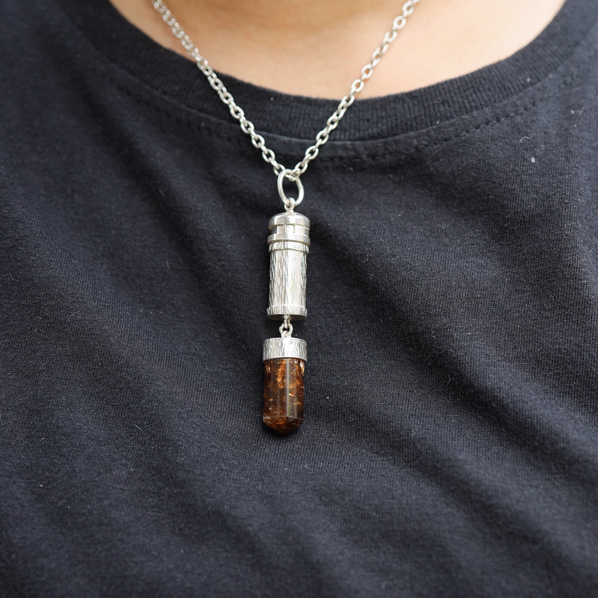 Brown Tourmaline Dravite Capsule Pendant 925 Sterling Silver Locket Sand Texture Root Chakra Stash Necklace