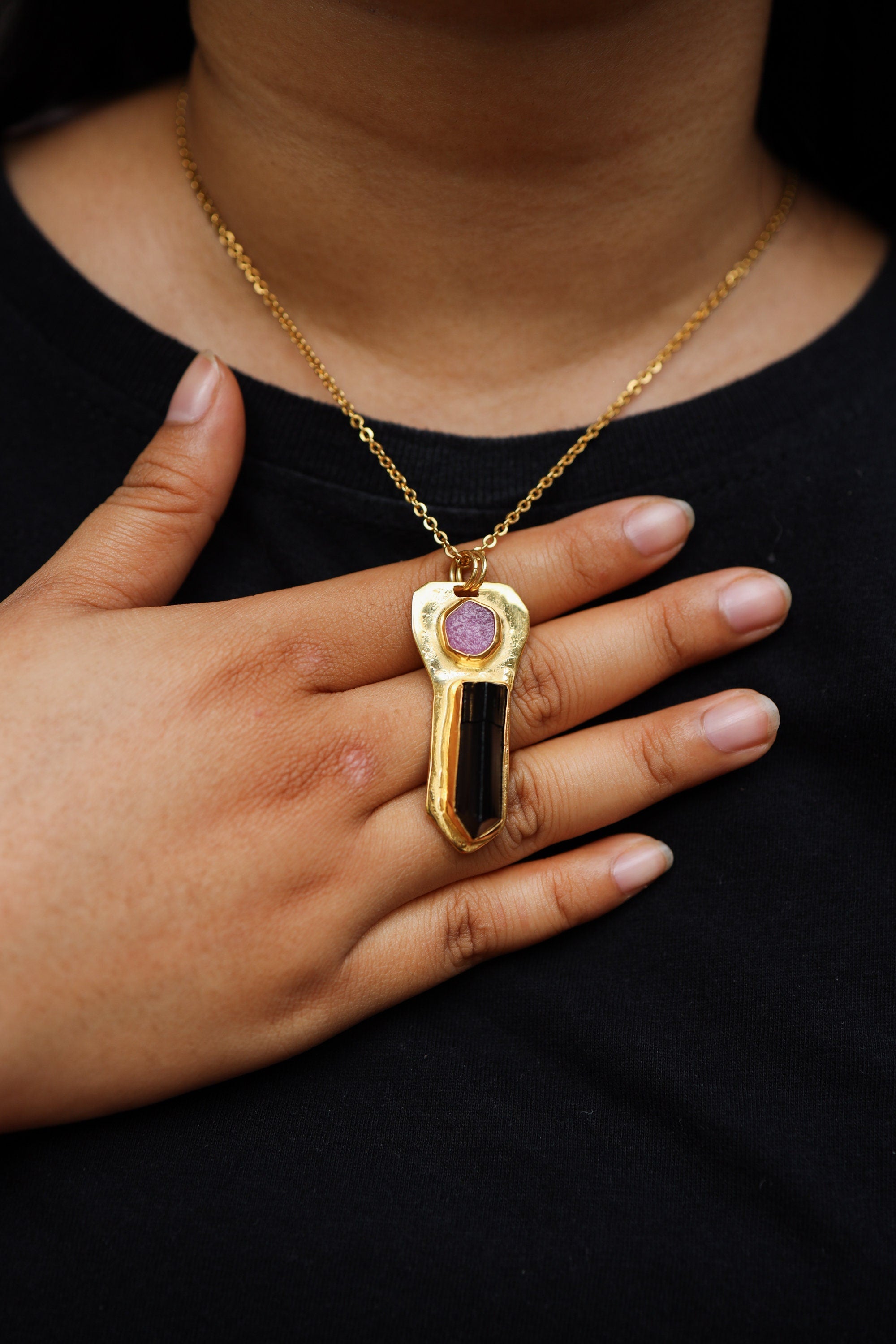 Brass Pendant adorned with Ruby & Black Tourmaline - Gold Plated - Double Bail Design