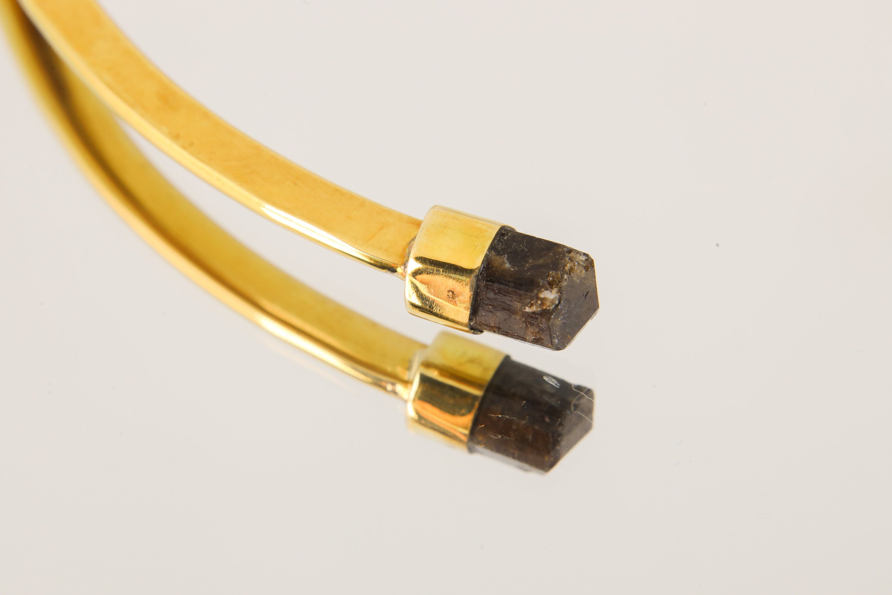 Two Gem Brown Tourmaline Points set on Gold Plated Solid Brass Cuff, Golden Neck Collar, Crystal Choker, Throat Cuff Flat