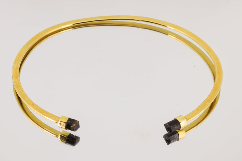 Gold-plated brass open choker with Brown Tourmaline crystal ends, shown on a white background.