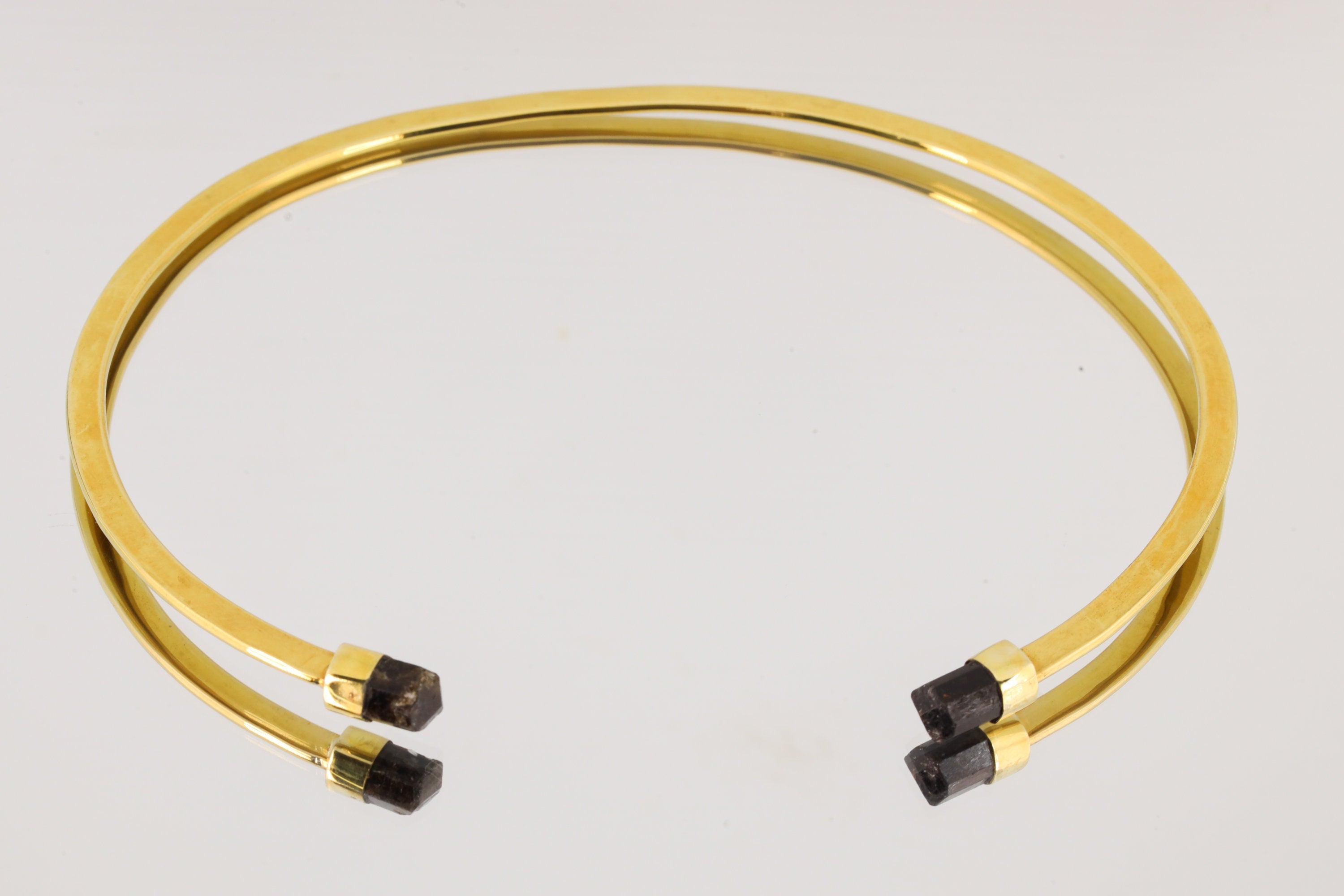Two Gem Brown Tourmaline Points set on Gold Plated Solid Brass Cuff, Golden Neck Collar, Crystal Choker, Throat Cuff Flat