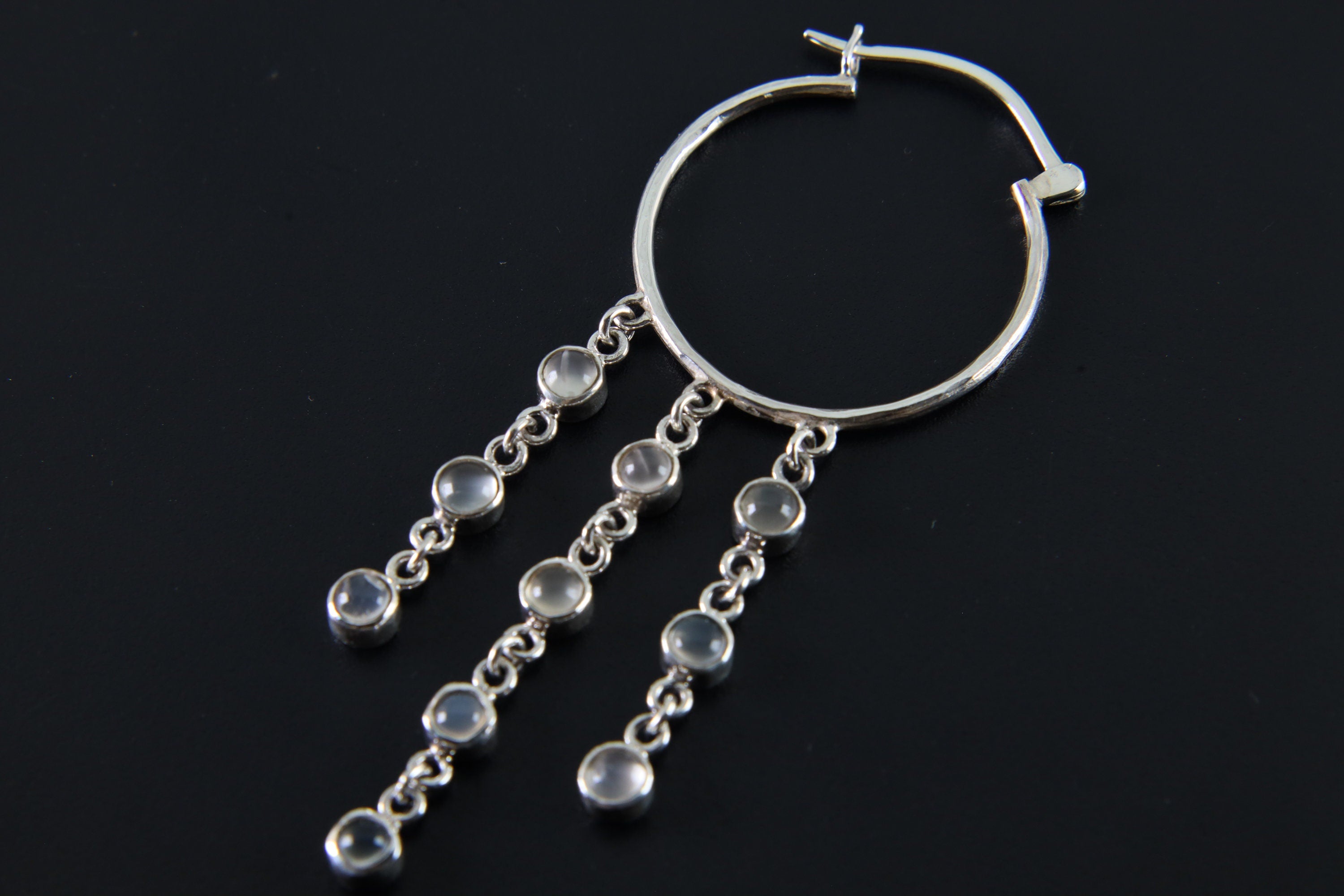 Sterling Silver Hoop Earrings: Cascading Moonstone Chain Dangle