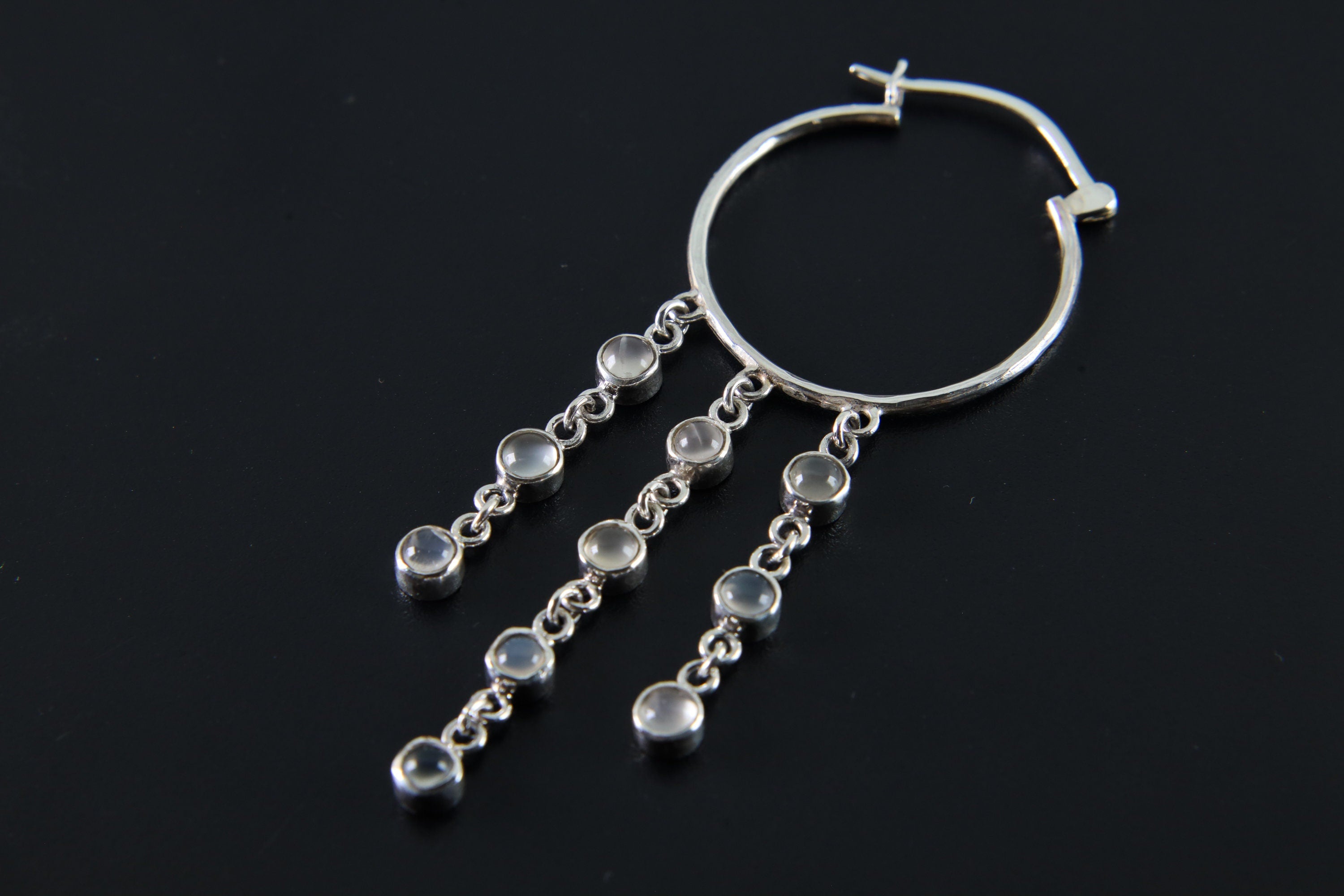 Sterling Silver Hoop Earrings: Cascading Moonstone Chain Dangle