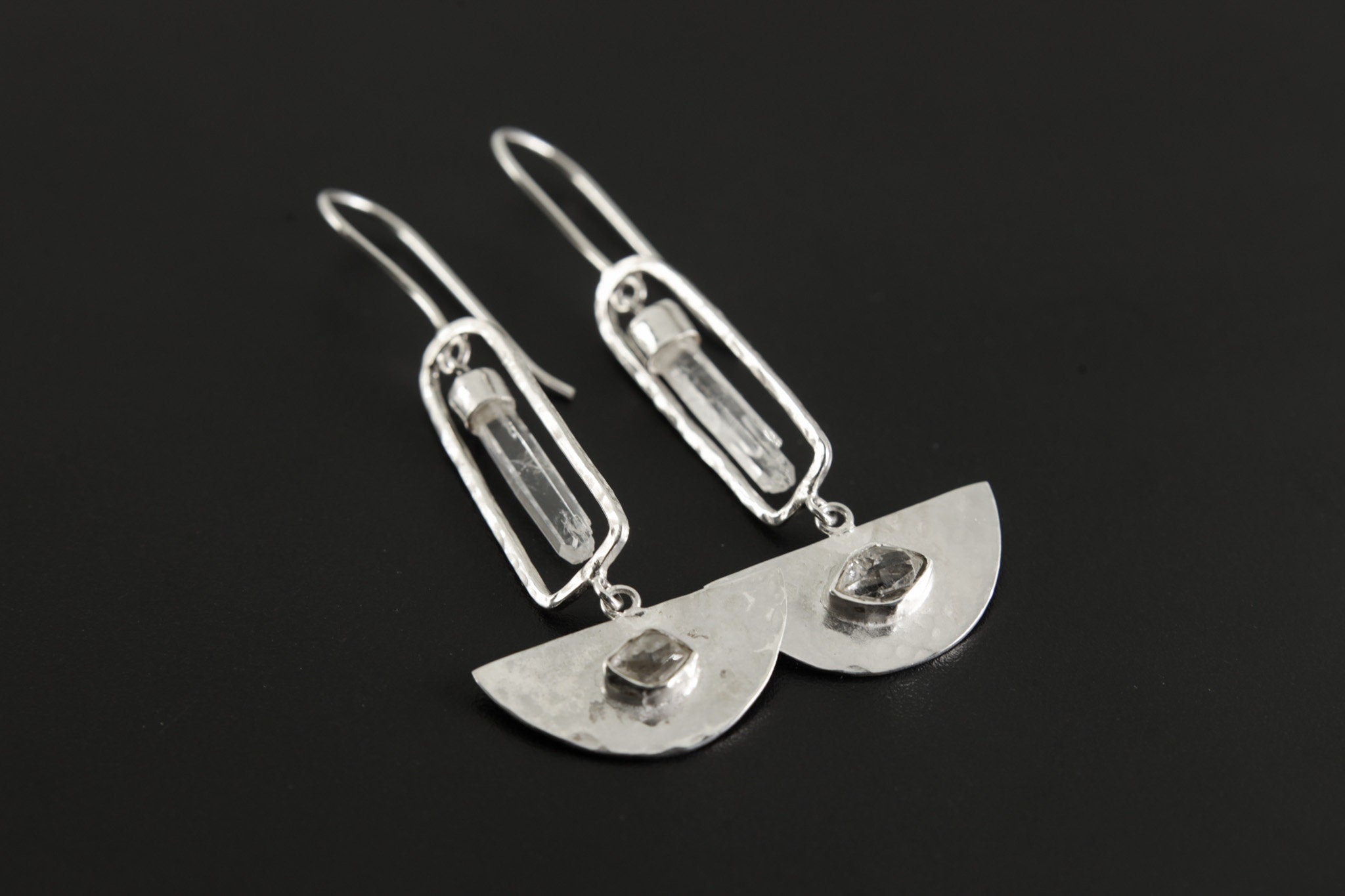 Art Deco Dangle Earrings with Aquamarine & Herkimer Diamonds, Shiny Hammered Texture, 925 Sterling Silver, Elegant Crystal Earring