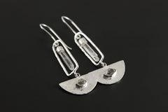 Art Deco Dangle Earrings with Aquamarine & Herkimer Diamonds, Shiny Hammered Texture, 925 Sterling Silver, Elegant Crystal Earring