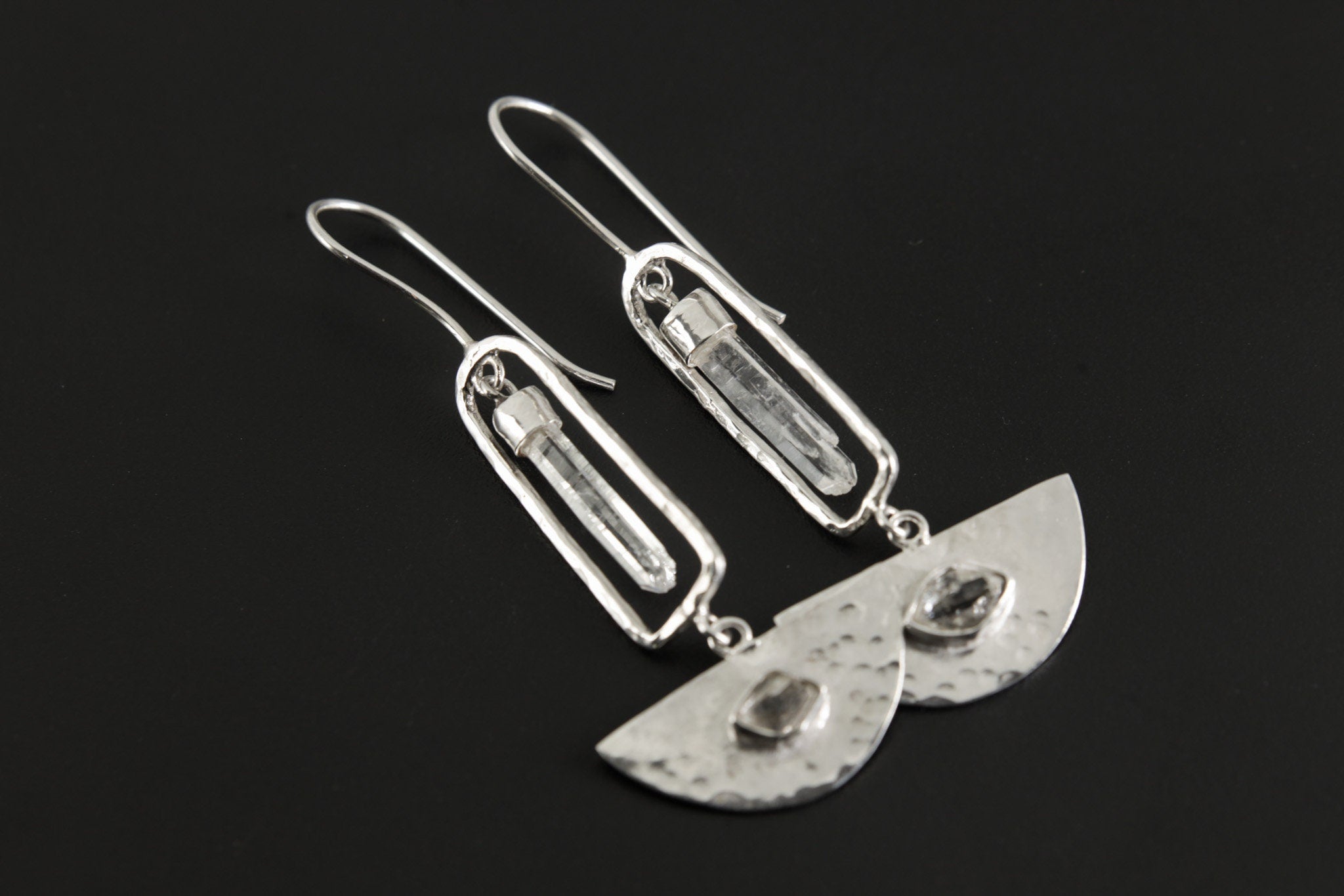 Art Deco Dangle Earrings with Aquamarine & Herkimer Diamonds, Shiny Hammered Texture, 925 Sterling Silver, Elegant Crystal Earring