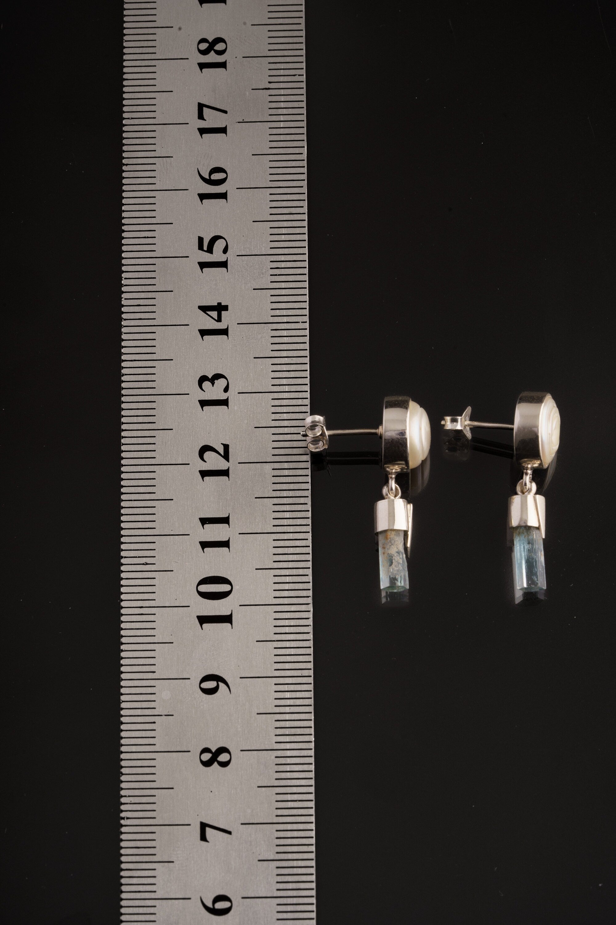 Pair of South Sea Pearls & Raw Natural Aquamarine Studs - Polished Sterling Silver - Dangle Stud Earring