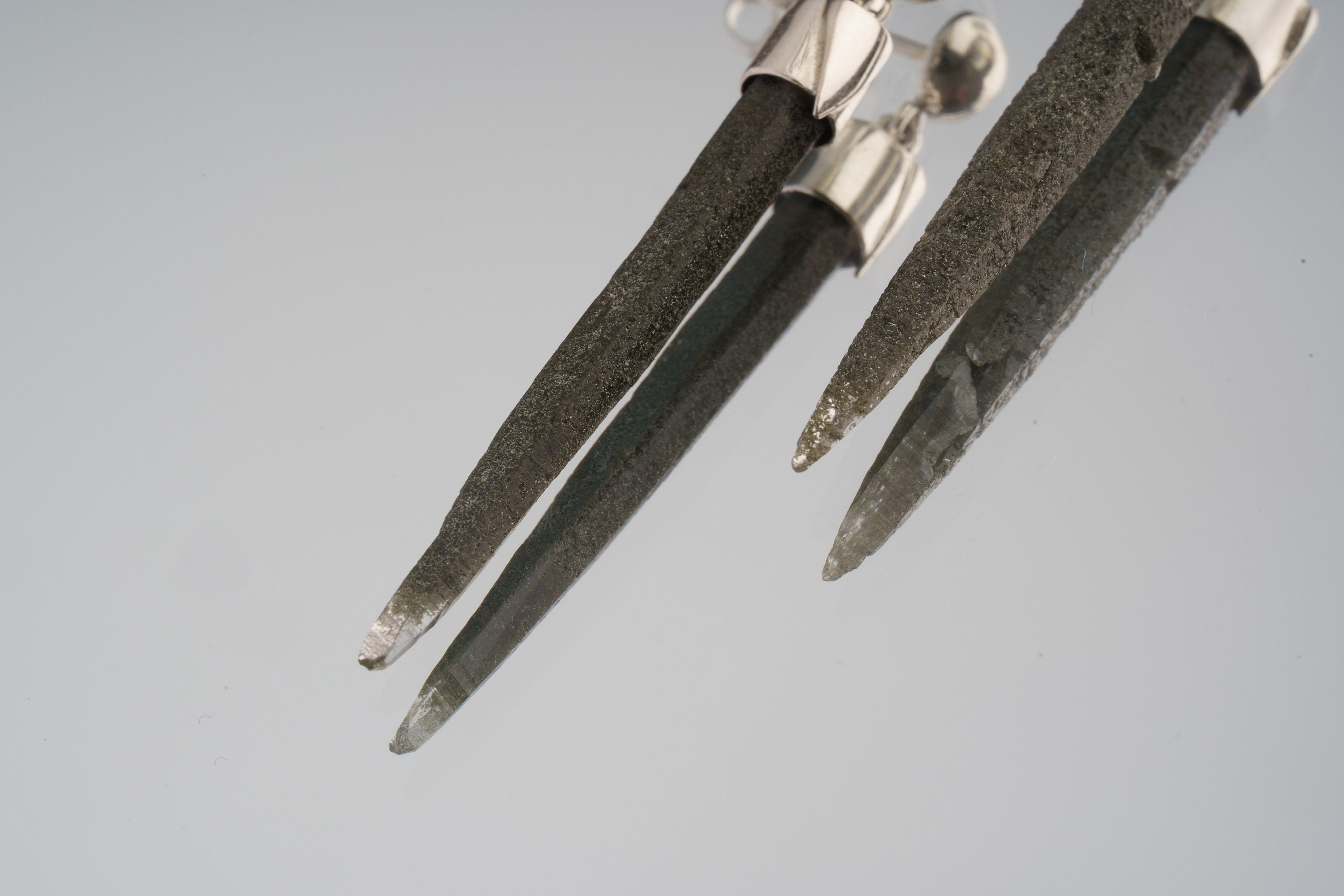 Rare Spiky Himalayan Chlorite Icicle Quartz - High polish Cap Set Button Stud - Sterling Silver - Dangle Stud Earrings