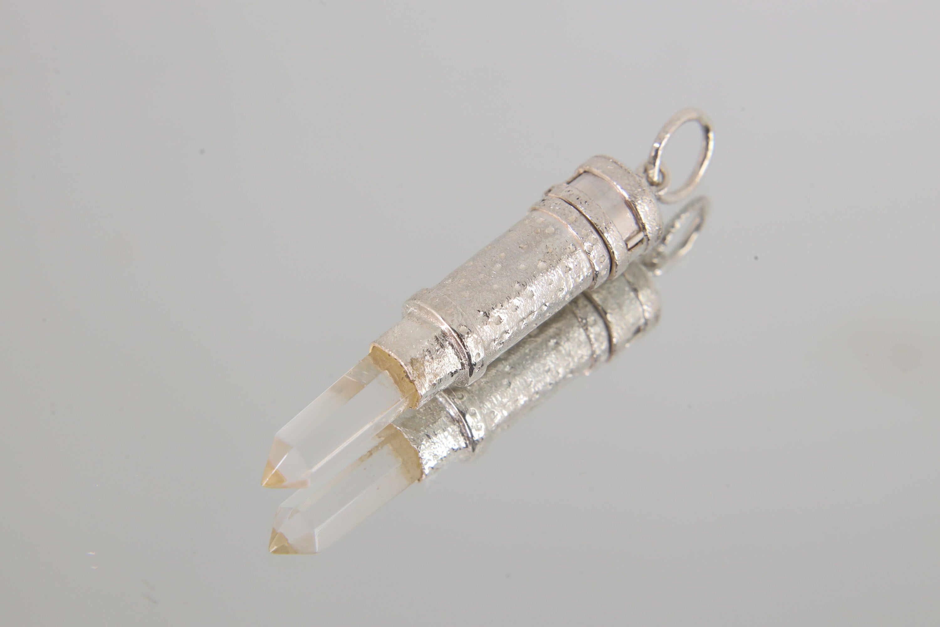Australian Natural Clear Quartz Point - Solid Capsule Locket - Stash Urn - Textured & Sterling Silver Pendant