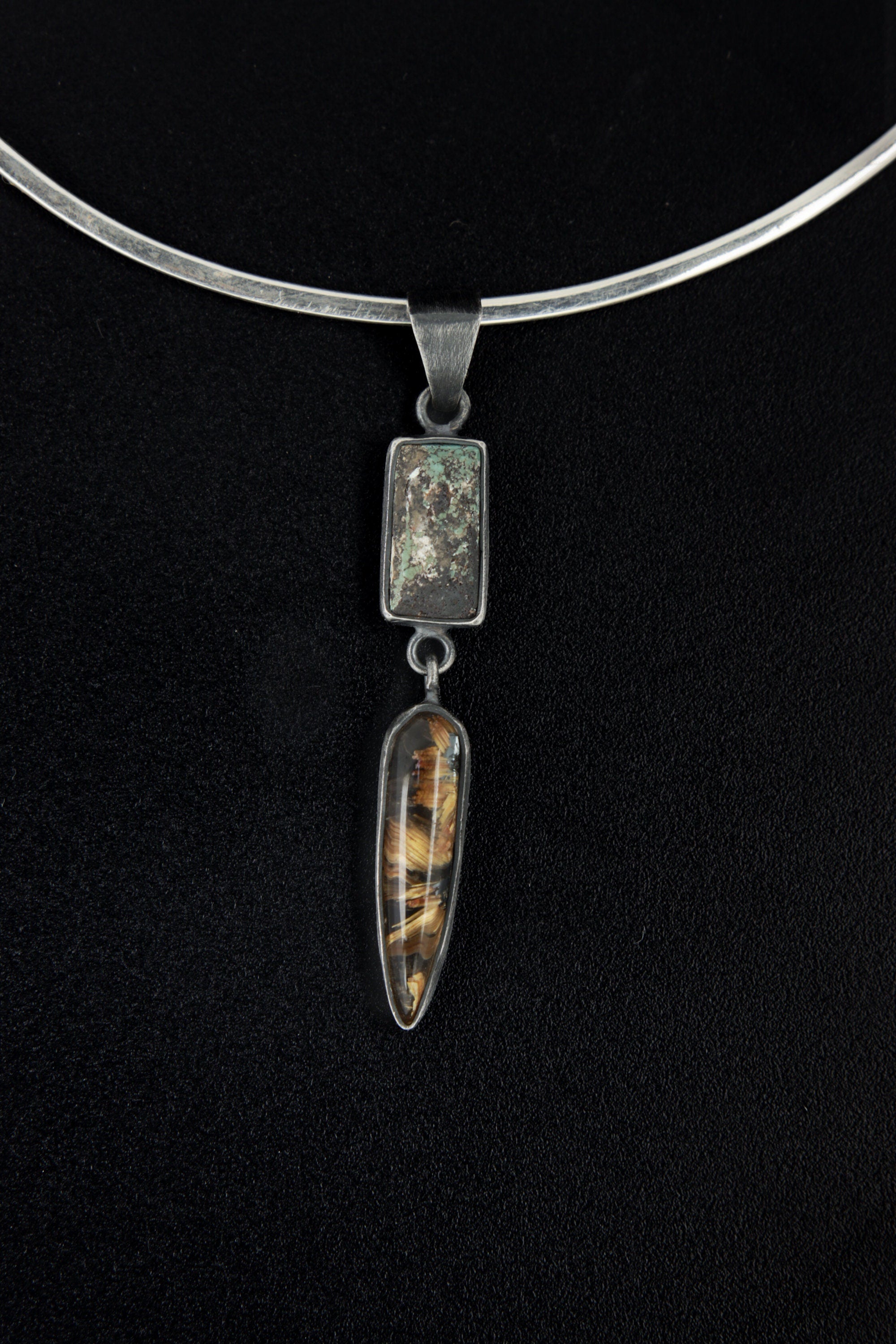 Guardian Pendant: Old Cut Turquoise, High Grade Golden Rutile Tooth - Sterling Silver Pendant - Oxidized and Brush Texture