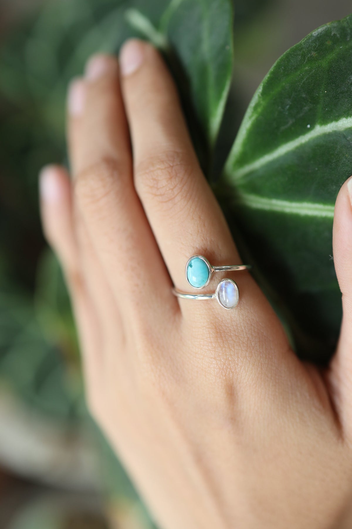 Petite Oval Turquoise & Blue Moonstone Ring - High Polish Sterling Silver - Adjustable Wire Band Open Ring - Size 4-9 US - Crystal Jewellery
