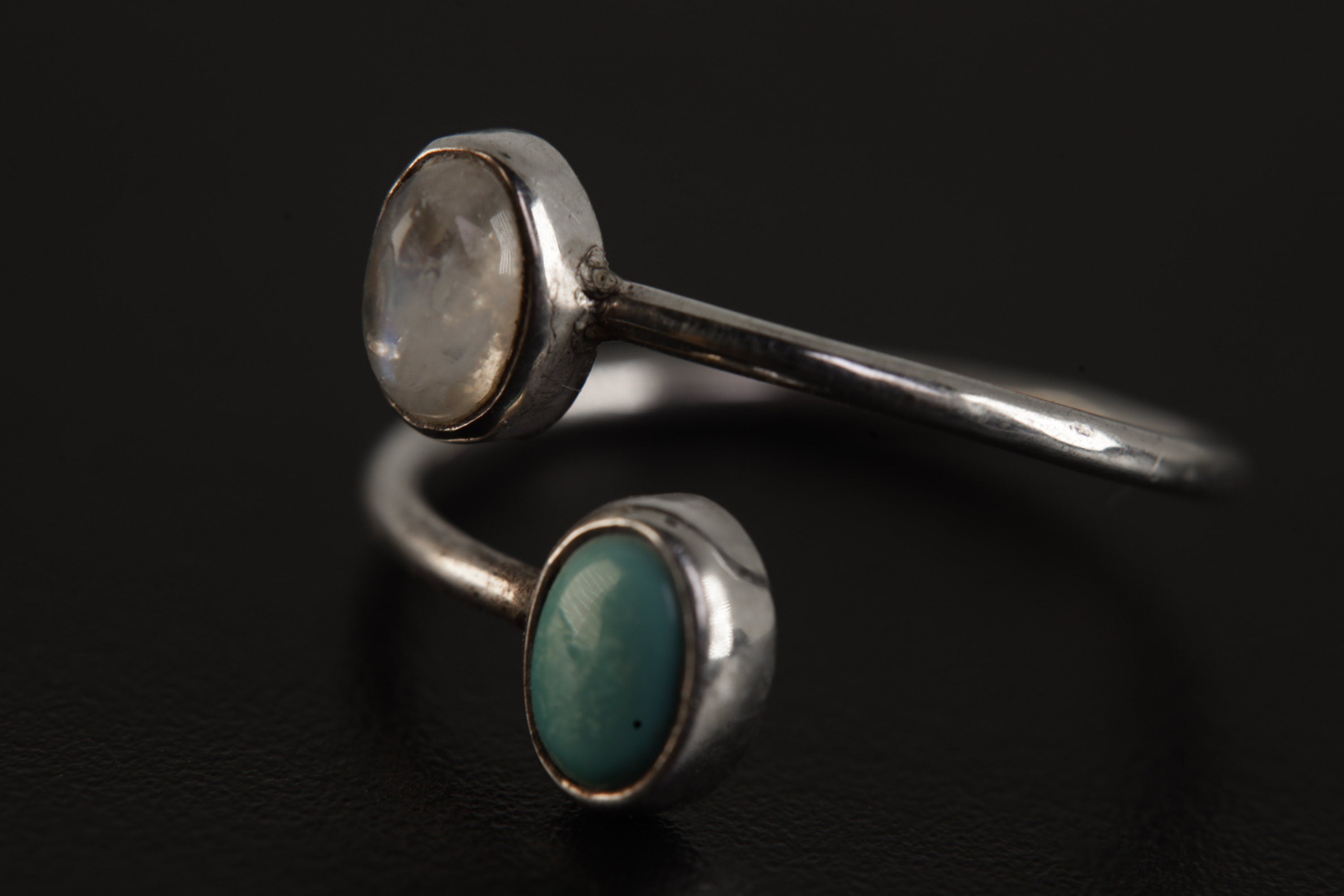 Petite Oval Turquoise & Blue Moonstone Ring - High Polish Sterling Silver - Adjustable Wire Band Open Ring - Size 4-9 US - Crystal Jewellery