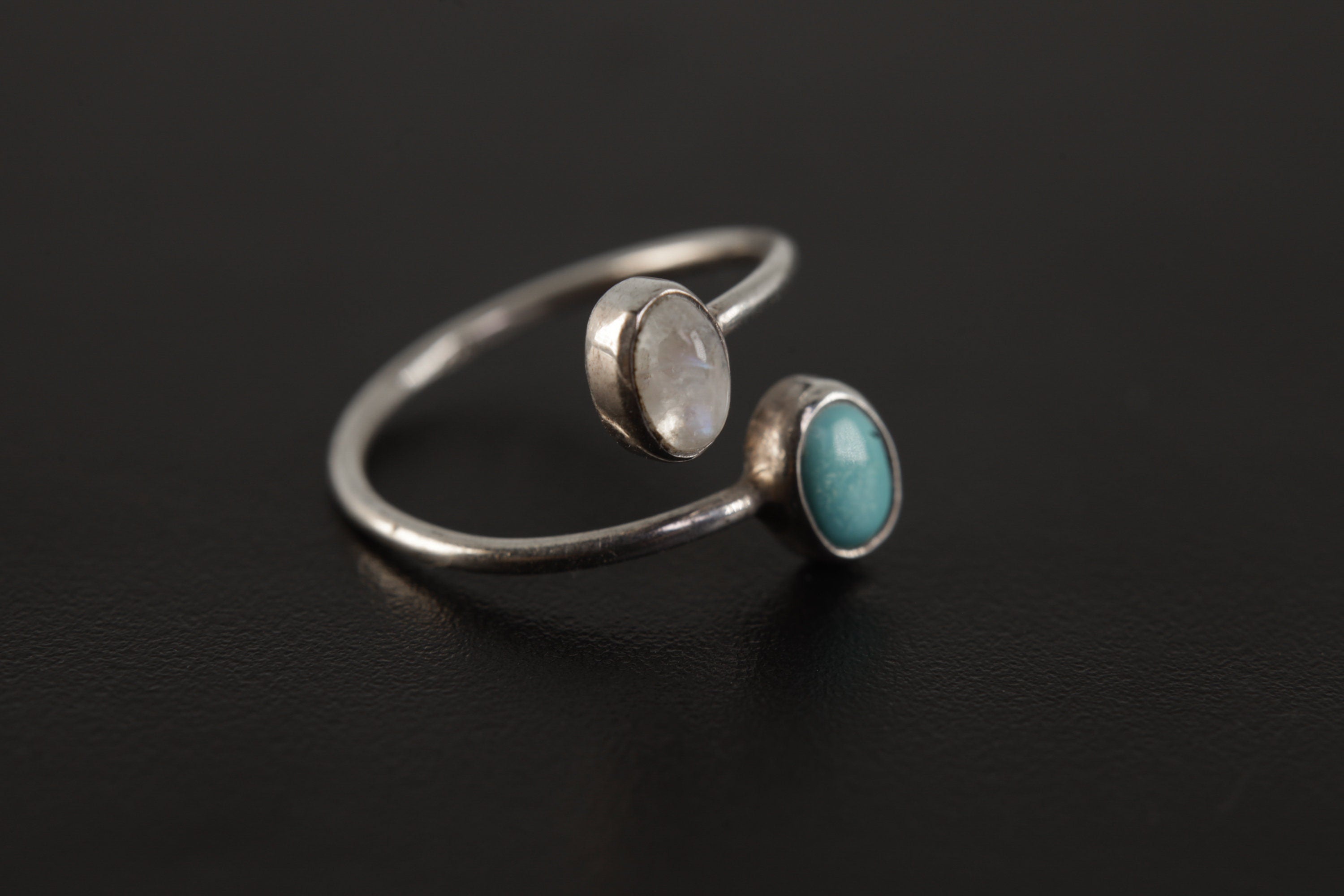 Petite Oval Turquoise & Blue Moonstone Ring - High Polish Sterling Silver - Adjustable Wire Band Open Ring - Size 4-9 US - Crystal Jewellery