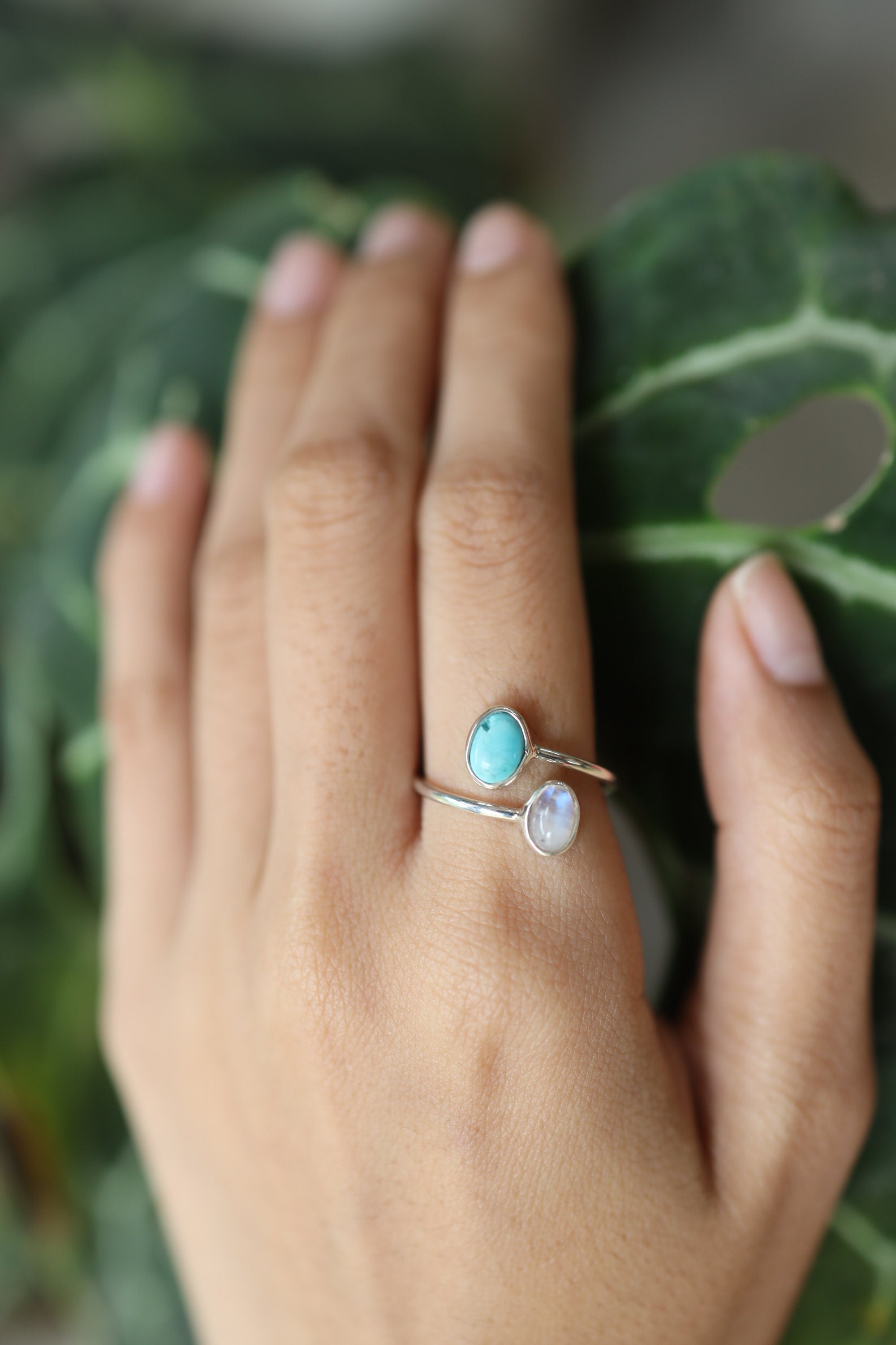 Petite Oval Turquoise & Blue Moonstone Ring - High Polish Sterling Silver - Adjustable Wire Band Open Ring - Size 4-9 US - Crystal Jewellery