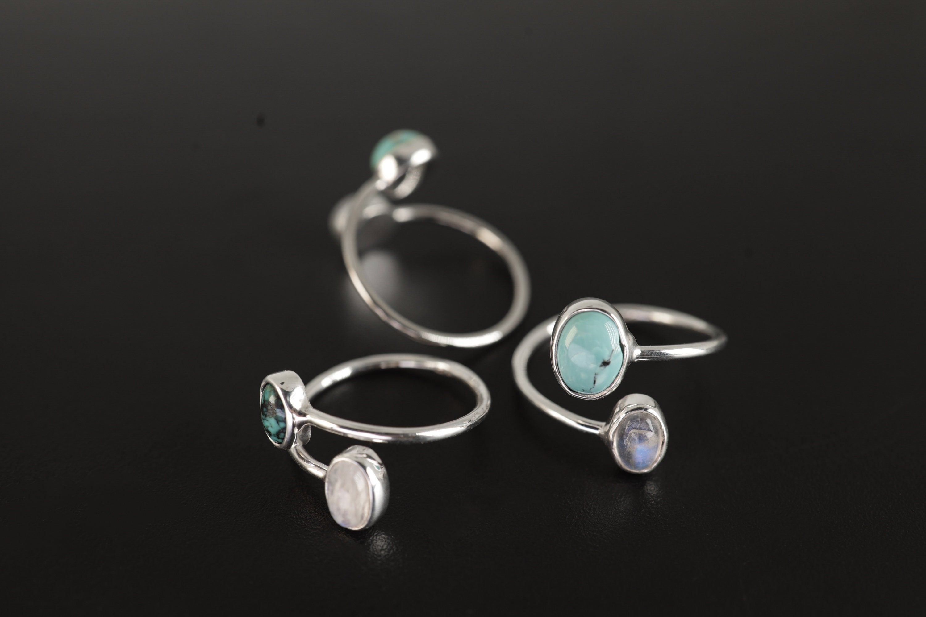 Petite Oval Turquoise & Blue Moonstone Ring - High Polish Sterling Silver - Adjustable Wire Band Open Ring - Size 4-9 US - Crystal Jewellery