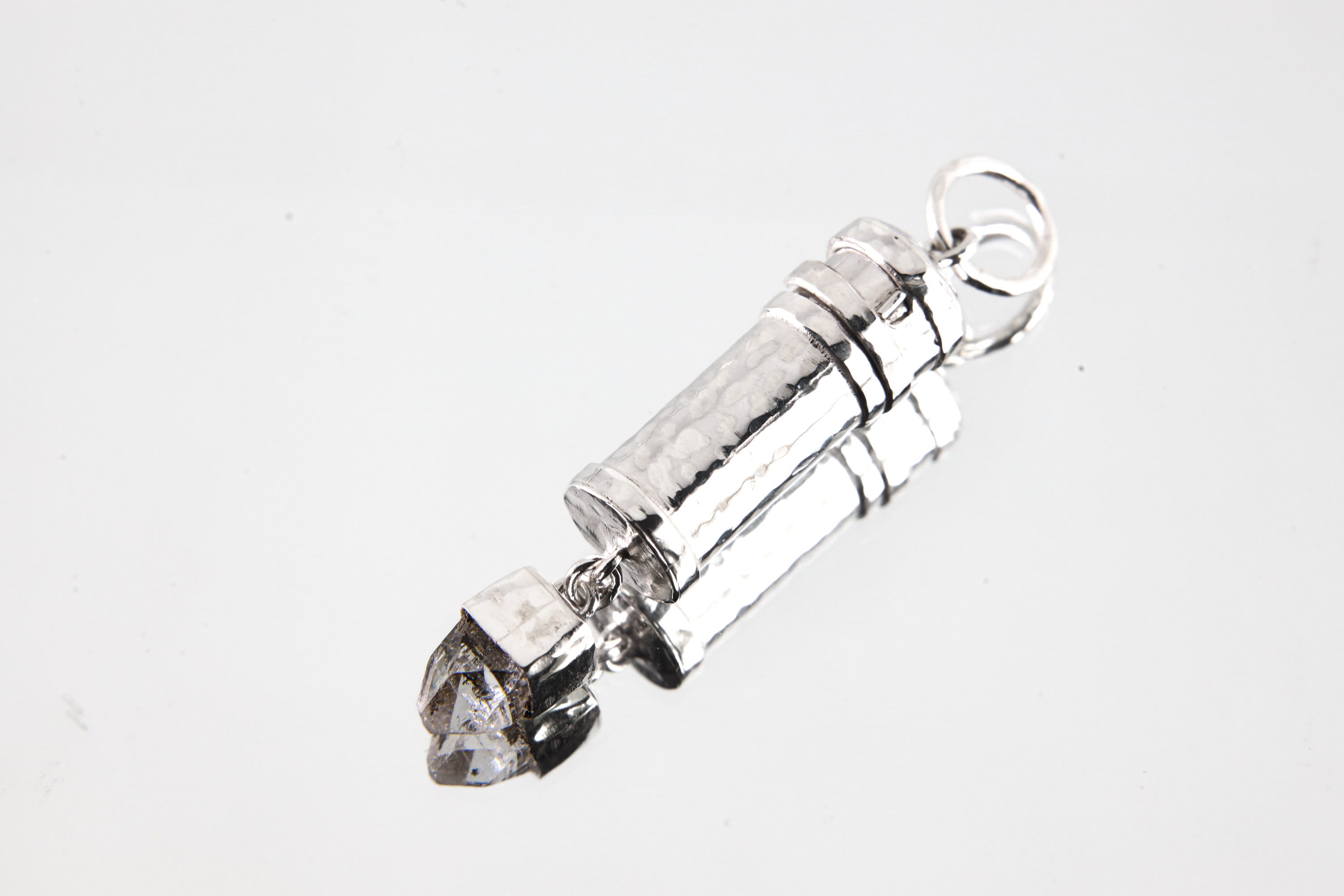 Dangeling Herkimer Diamond - Sizable Solid Capsule Locket - Stash Urn - Textured & Sterling Silver Pendant
