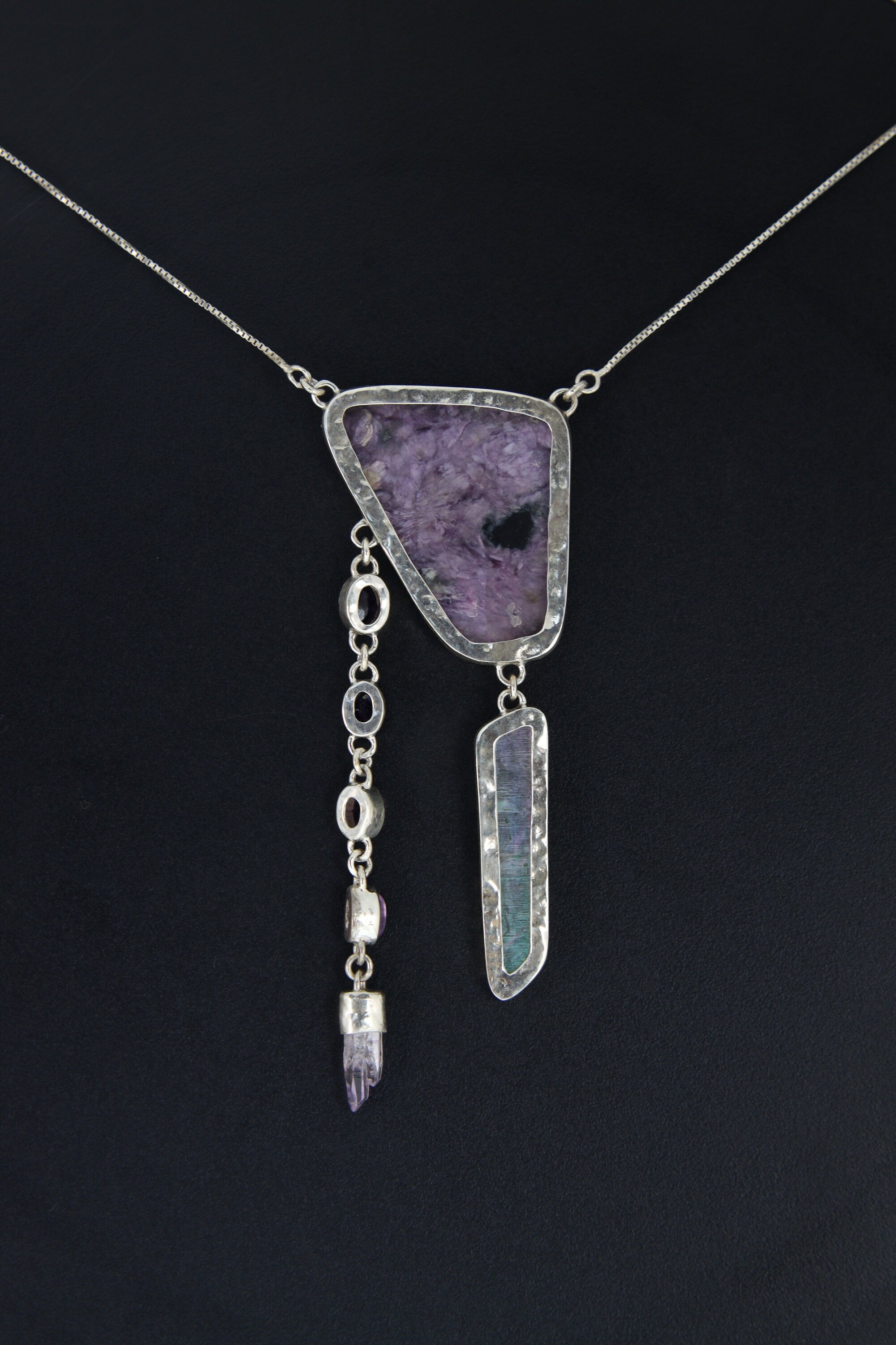 AA Charoite with Dangling Angel Aura DT Quartz & Amethyst Chain, Vera Cruz Point Pendant, Sterling Silver, 16-Inch crystal Necklace