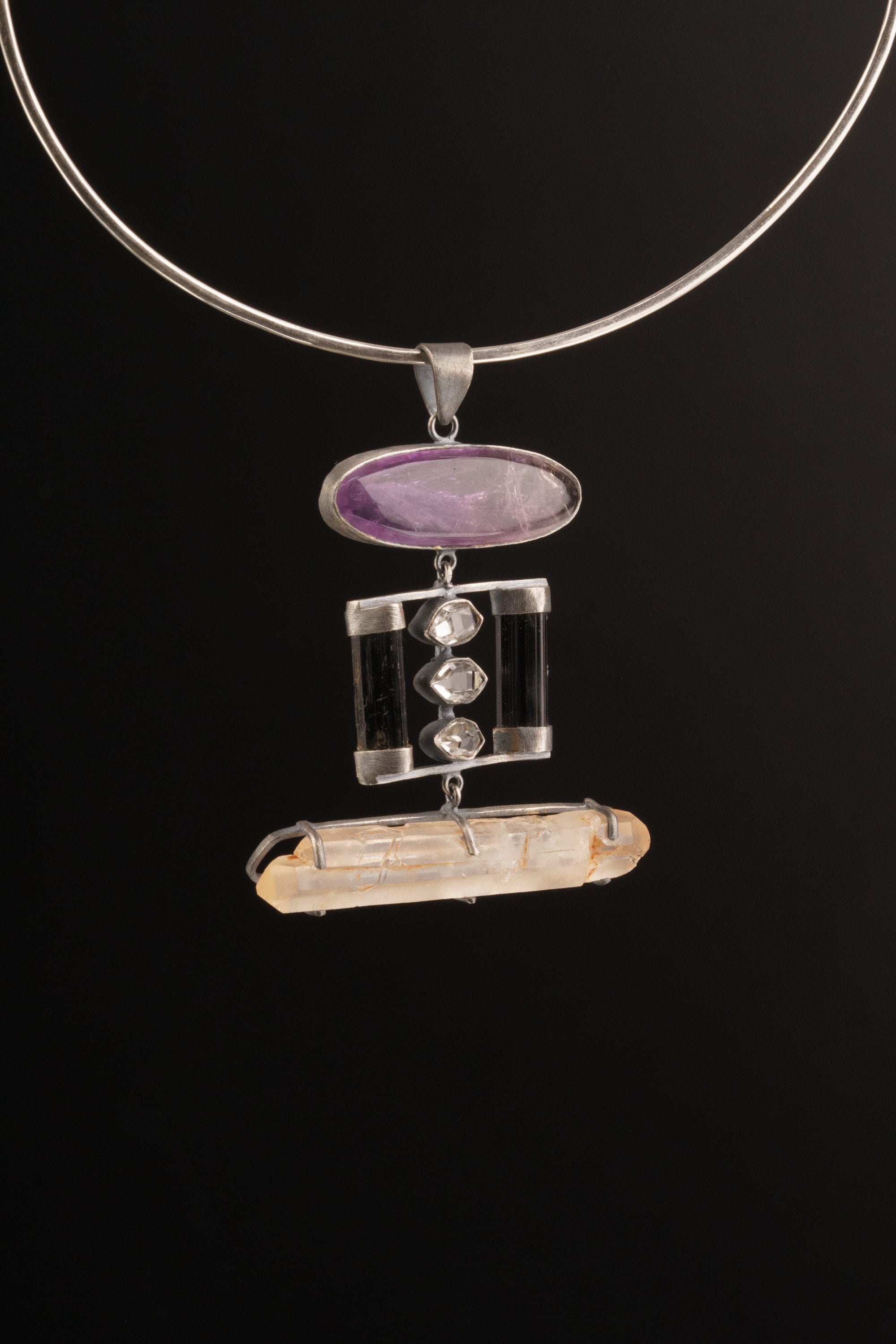 Triple Balance Harmony Pendant: Amethyst, Herkimer Diamonds, Black Tourmaline & Double Terminated lithium Quartz - Sterling Silver - Oxidize