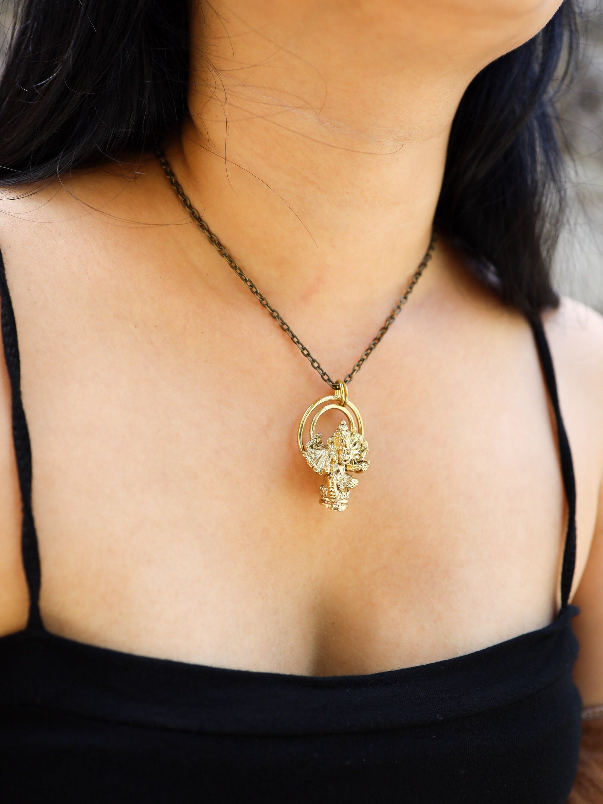 Cast Pendant with Sitting Ganesha Halo Talisman, Gold Plated Brass Charm, Abundance & Protection, Hindu Symbolic Jewelry