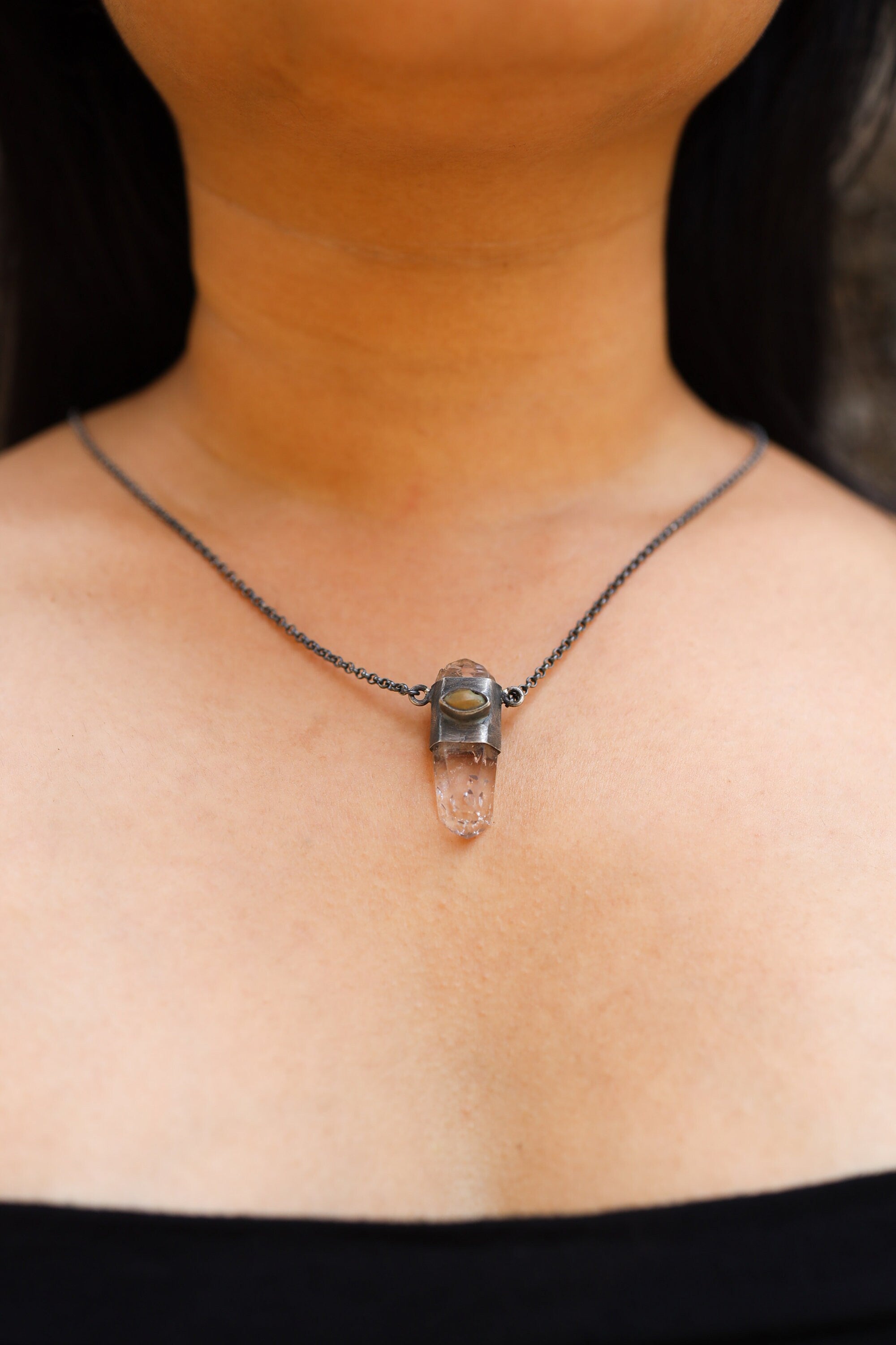 Double Terminated Vera Cruz Anhydro Amethyst, Cats Eye Faceted Ethiopian Opal - Oxidised & Textured Sterling Silver Crystal Pendant