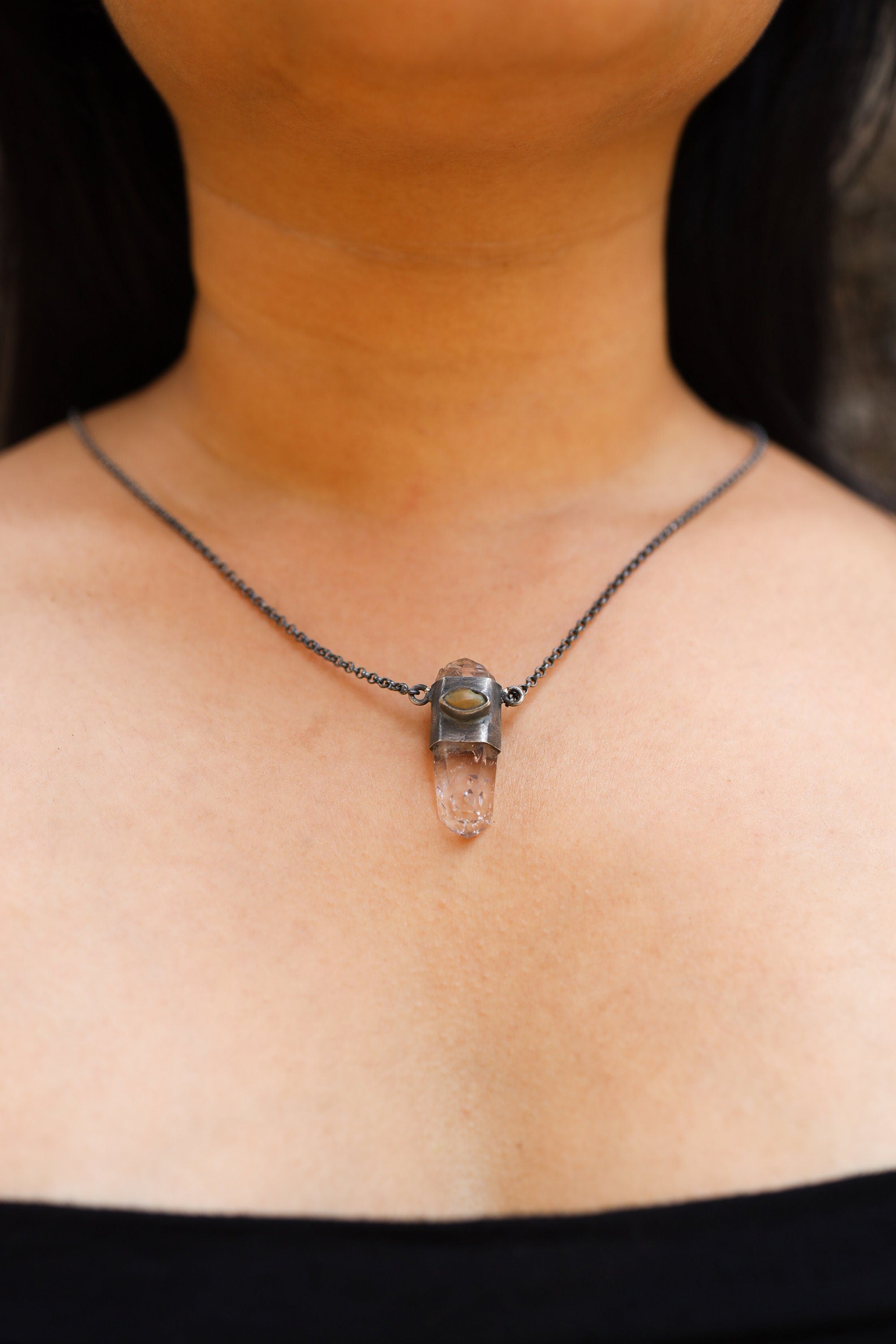 Double Terminated Amethyst & Opal Sterling Silver Pendant