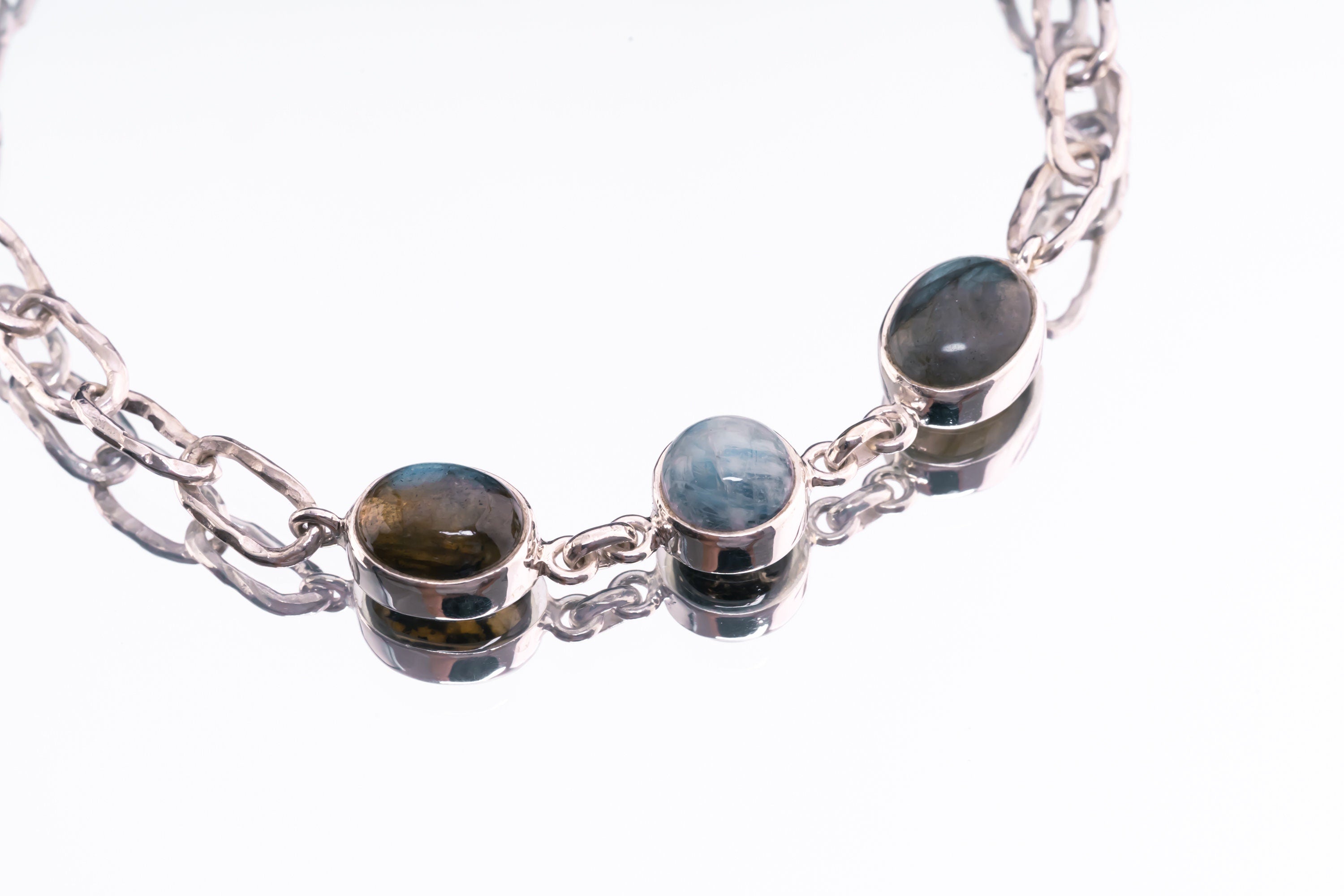 Celestial Silver Bracelet: Moonstone, Labradorite & Herkimer Diamond - Sterling Silver - Shiny and Polish Finish