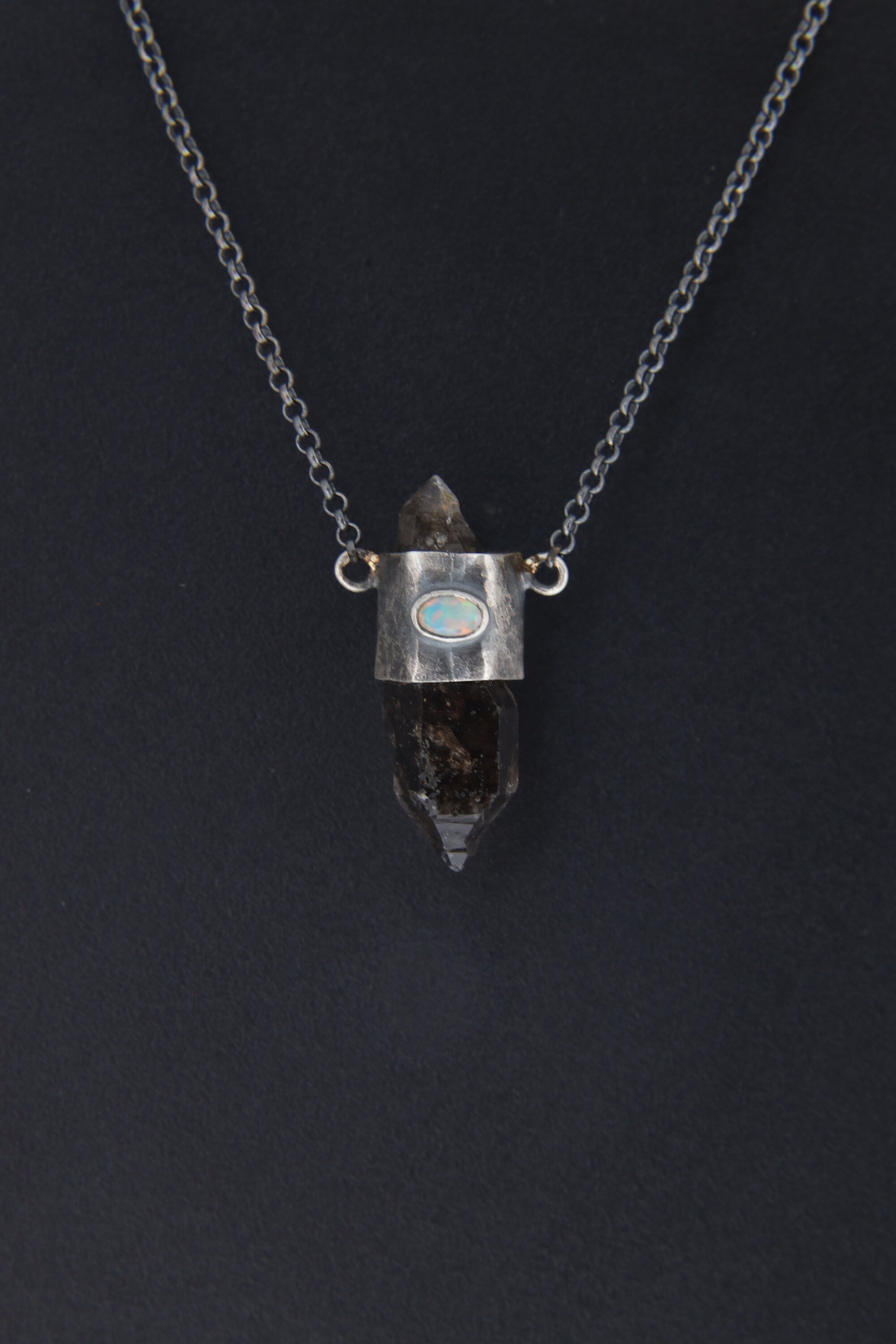 Double Terminated Morella Smoky Quartz Point, Ethiopian Opal, and Blue Moonstone - Oxidised & Textured Sterling Silver Crystal Pendant