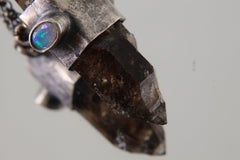 Double Terminated Morella Smoky Quartz Point, Ethiopian Opal, and Blue Moonstone - Oxidised & Textured Sterling Silver Crystal Pendant