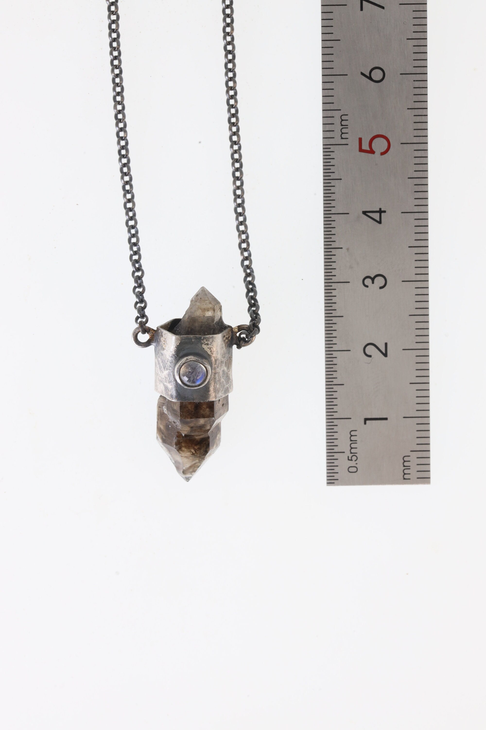 Double Terminated Morella Smoky Quartz Point, Ethiopian Opal, and Blue Moonstone - Oxidised & Textured Sterling Silver Crystal Pendant