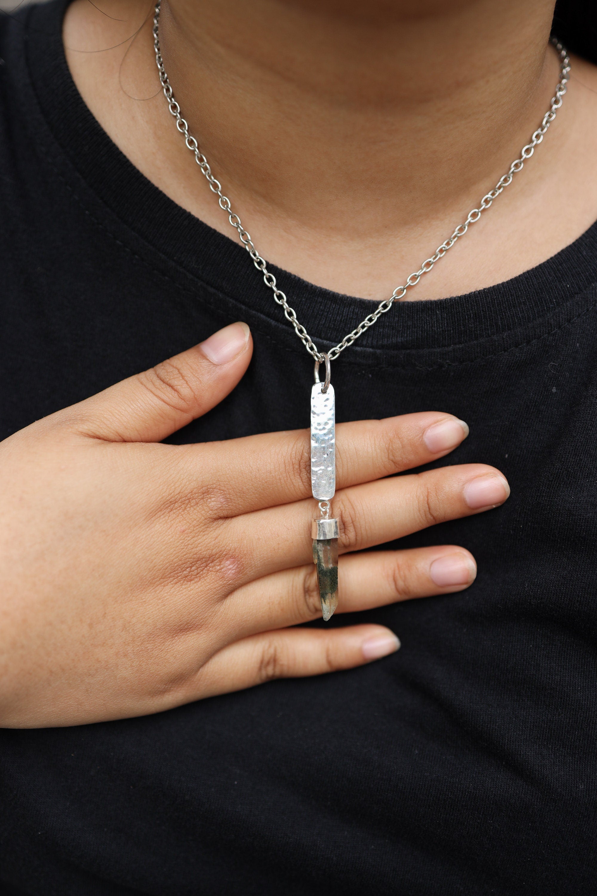 Raw Gem Himalayan Quartz Pendant - Sterling Silver & Textured - Flat Shape