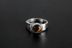 Round Tiger's Eye Cabochon - Hammered Ring Band - Unisex - 925 Sterling Silver Setting - High Shine Polish - Confidence & Strength