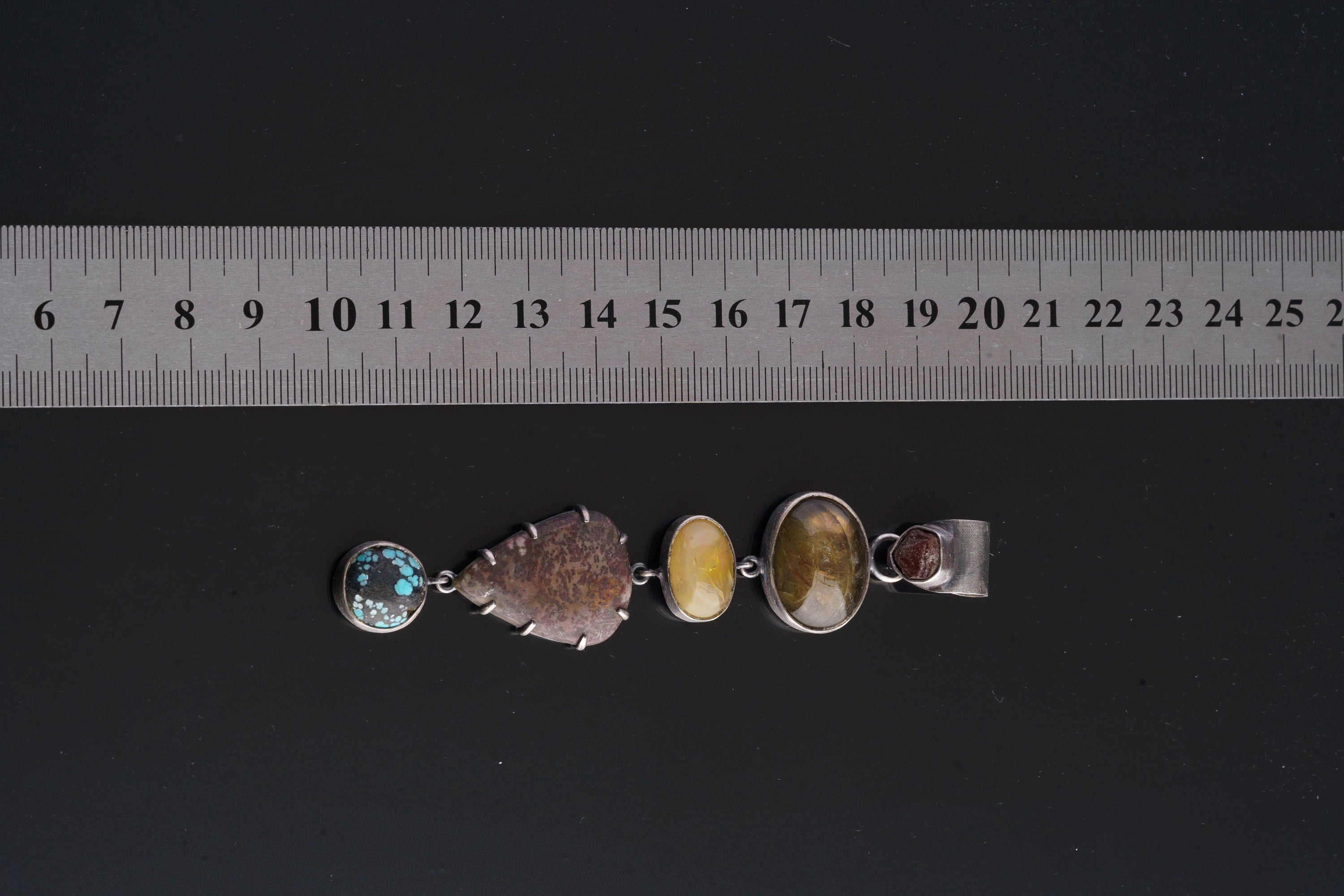 Record Keeper Ruby, Labradorite, Ethiopian Opal, Jasper, Himalayan Turquoise - Sterling Silver Pendant - Textured & Oxidized